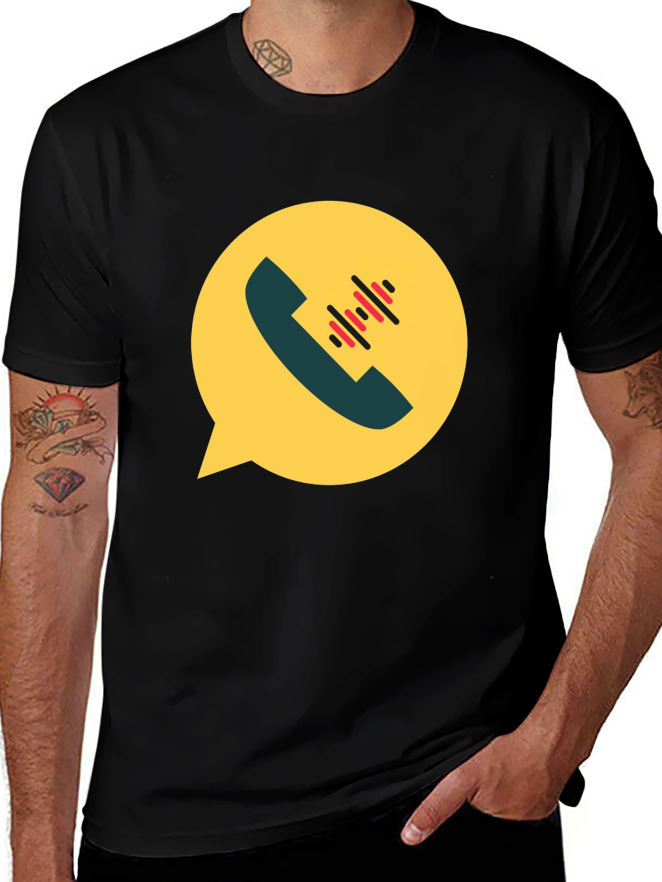 Modern Black T-Shirt with Phone Call Graphic