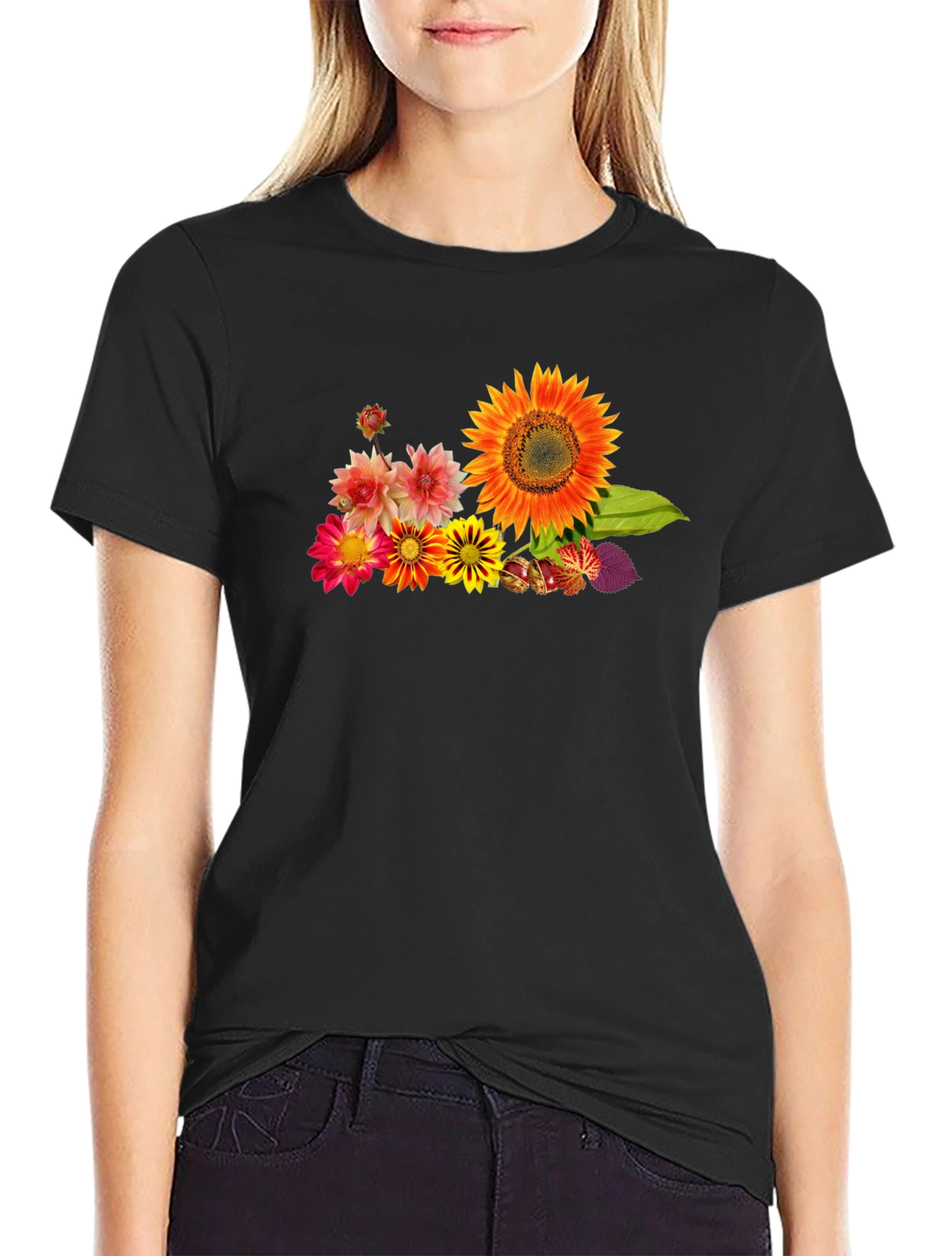 Floral Graphic Tee - Sunflower Design Black T-Shirt