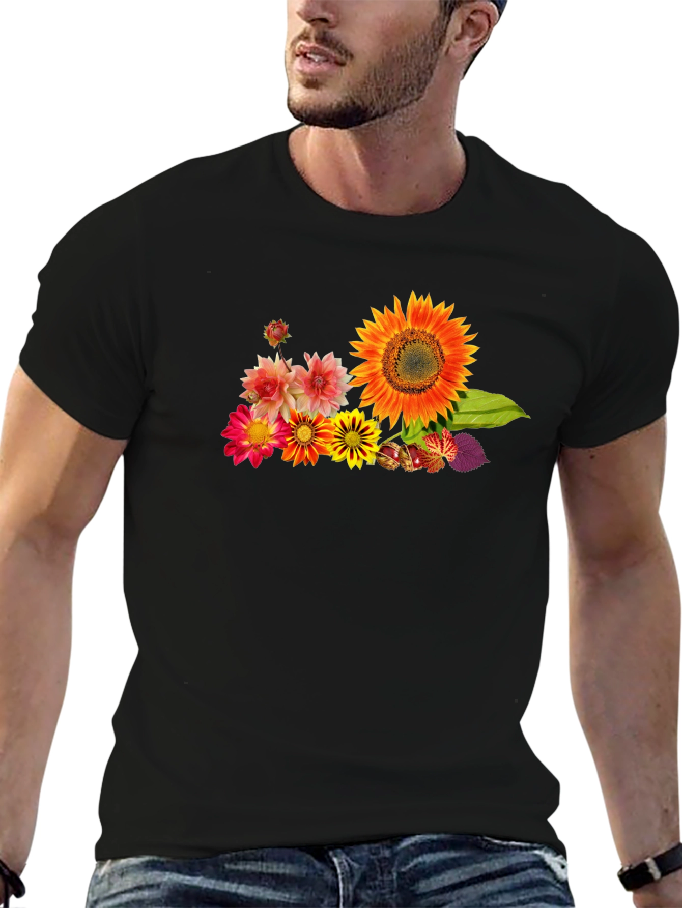 Floral Graphic Tee - Sunflower Design Black T-Shirt