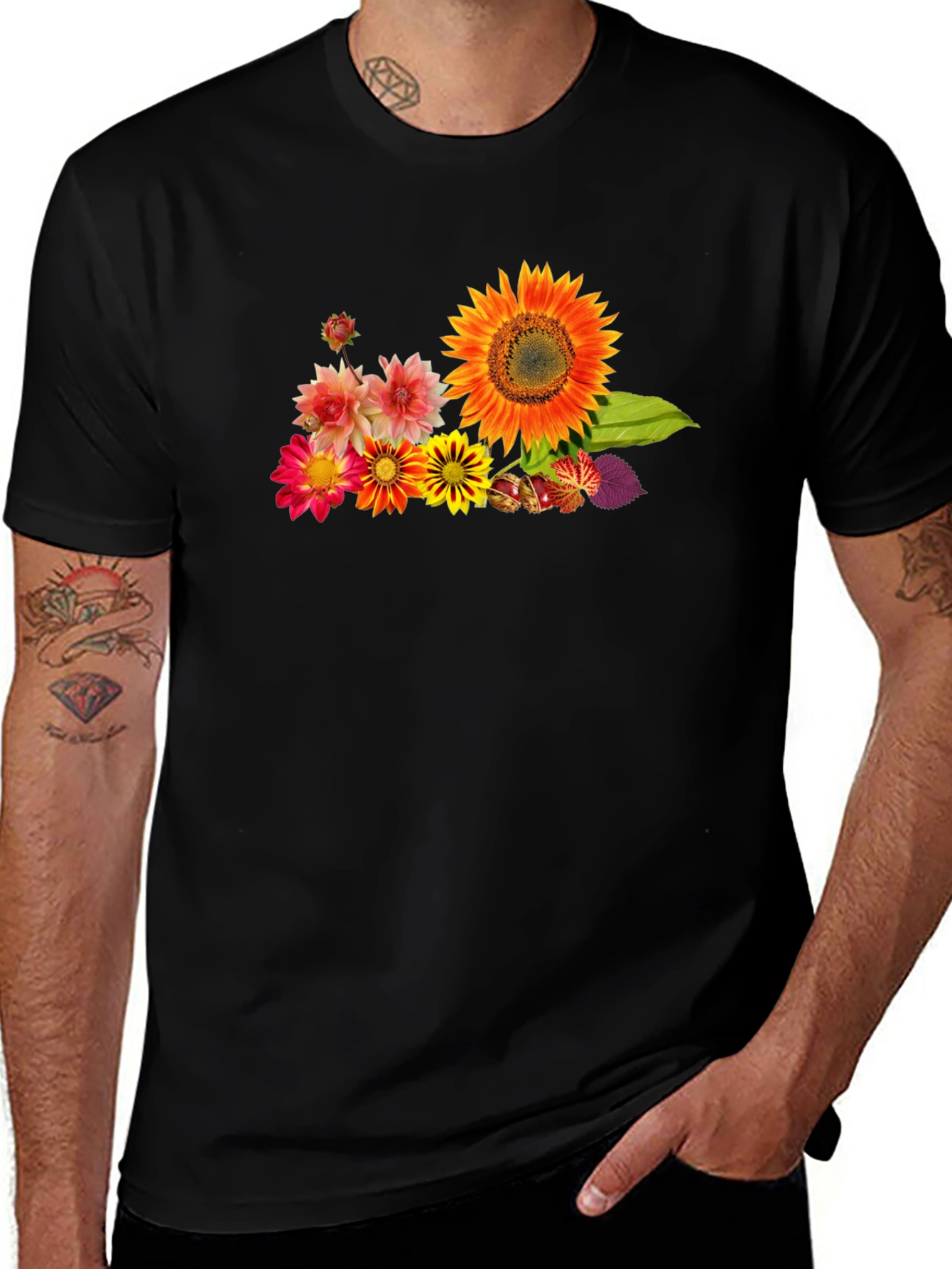 Floral Graphic Tee - Sunflower Design Black T-Shirt