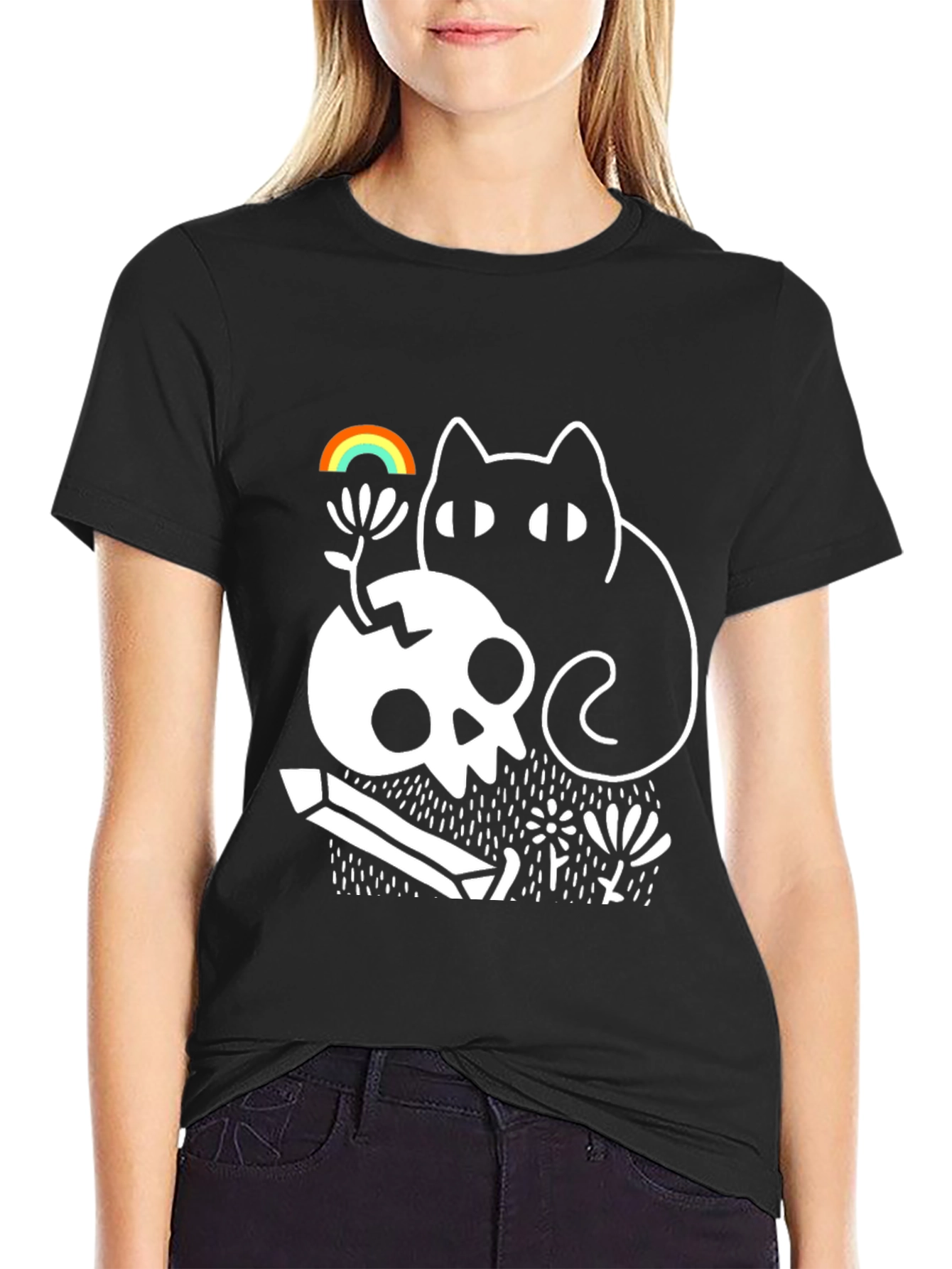 Gothic Whimsical Cat & Skull Graphic Tee