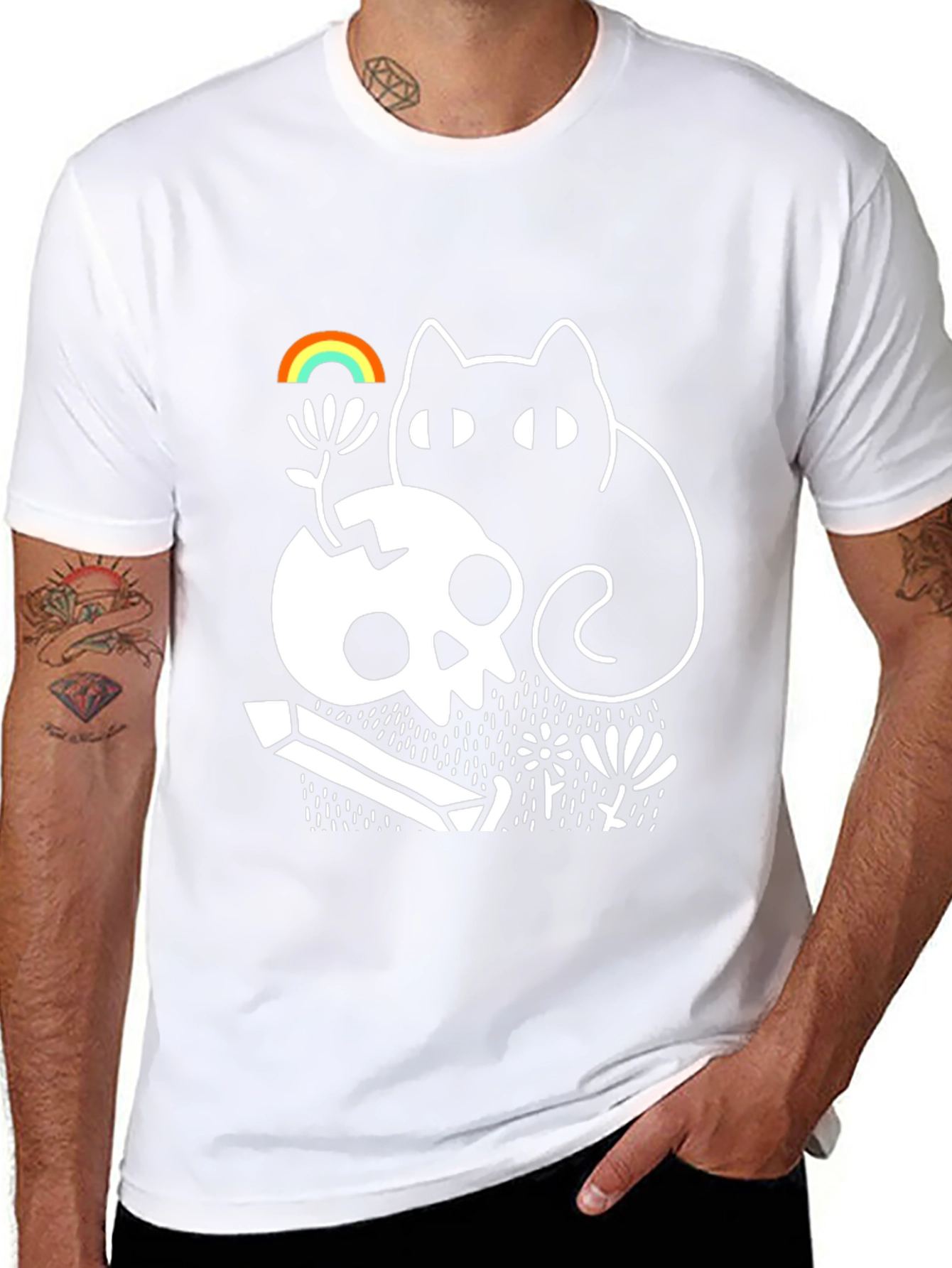 Gothic Whimsical Cat & Skull Graphic Tee