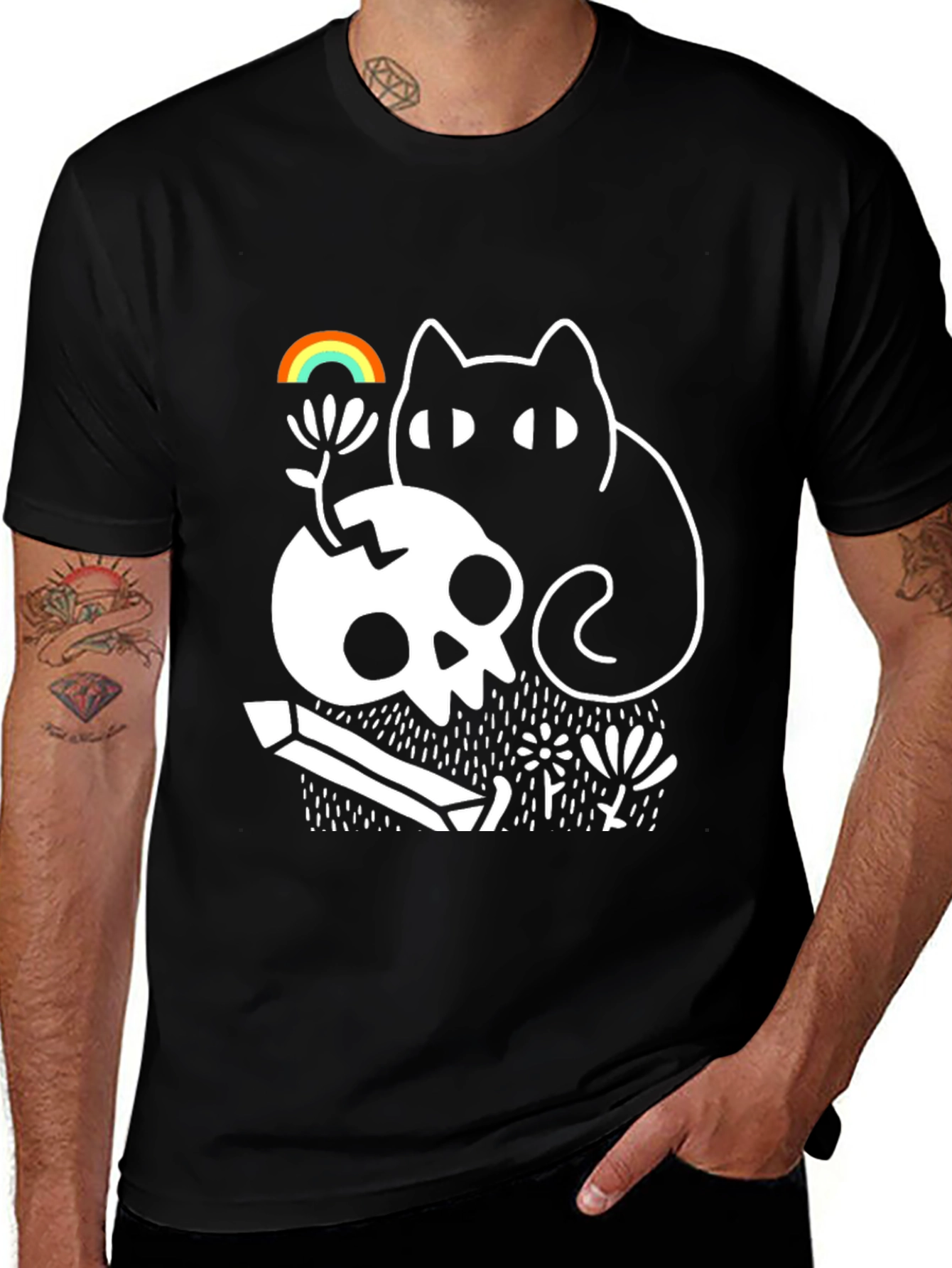 Gothic Whimsical Cat & Skull Graphic Tee