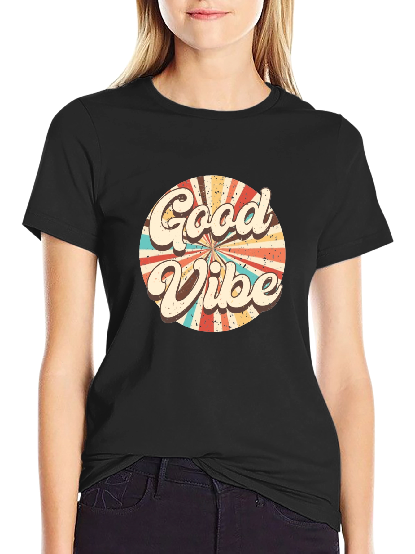 Retro Good Vibes Graphic Tee - Black Cotton T-Shirt