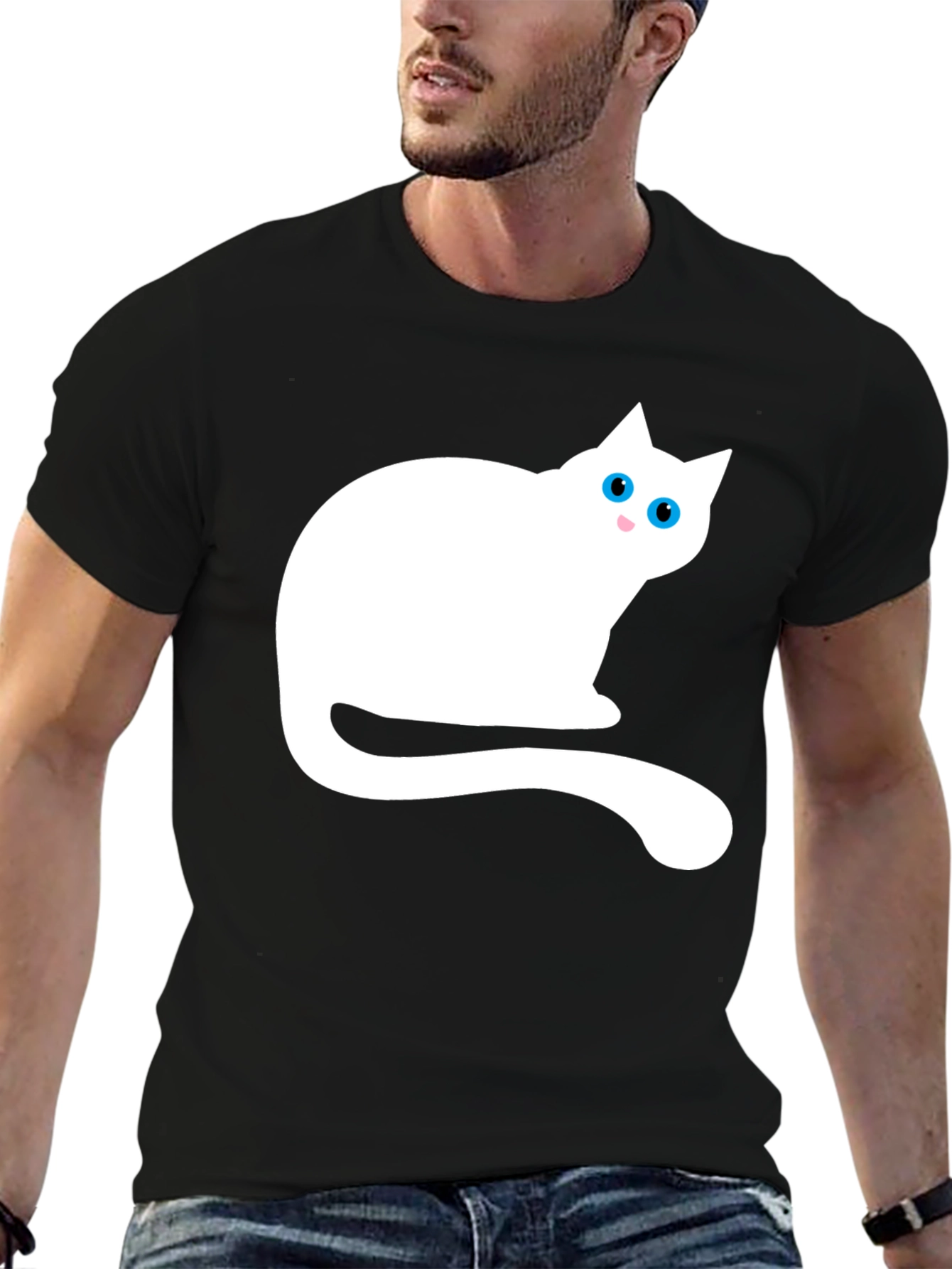 Black T-Shirt with White Cat Graphic