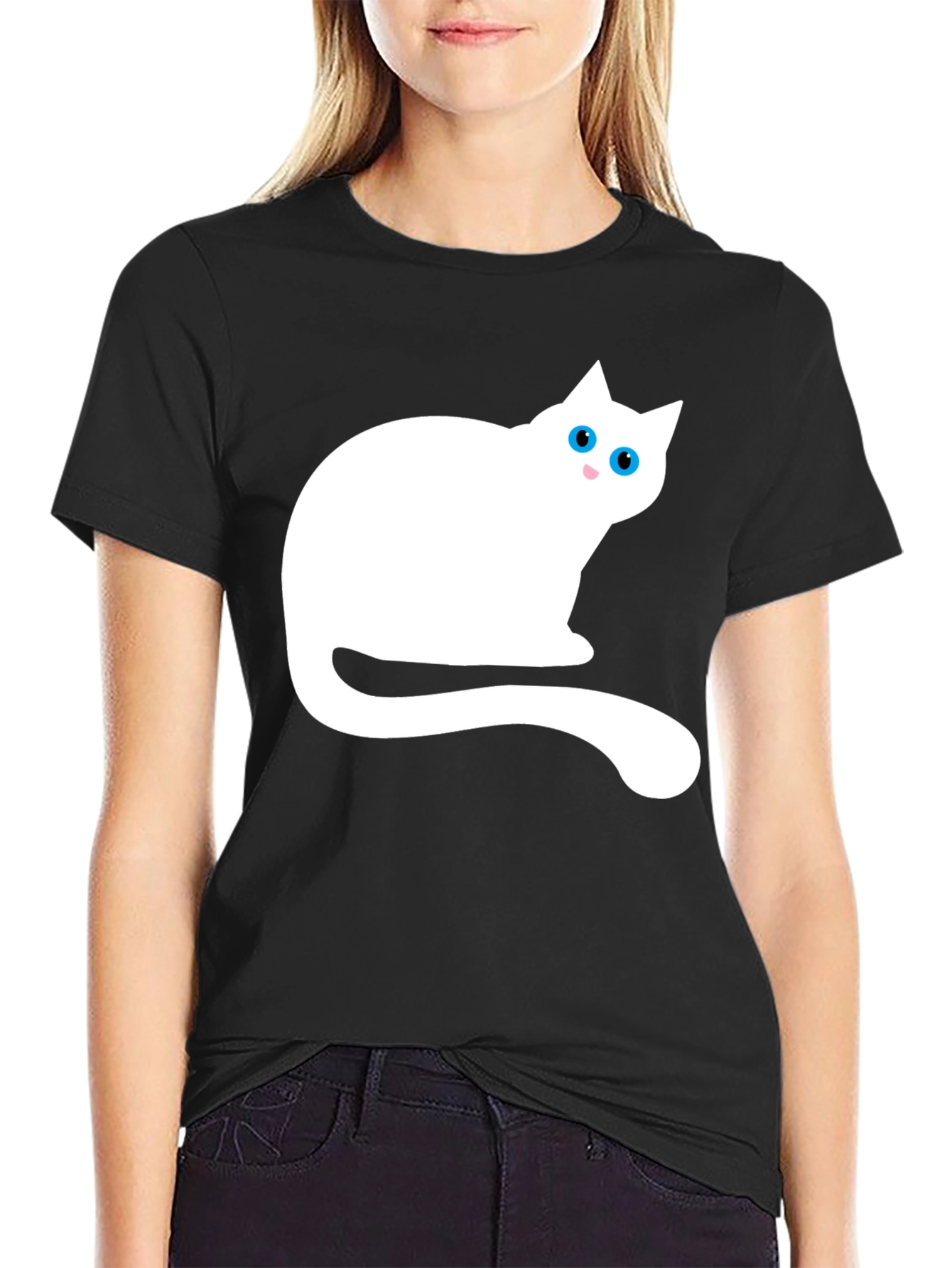 Black T-Shirt with White Cat Graphic
