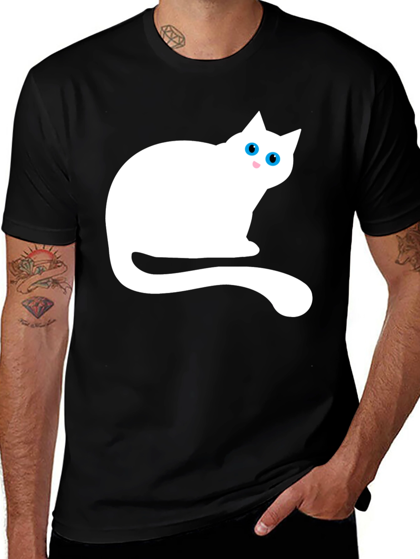 Black T-Shirt with White Cat Graphic
