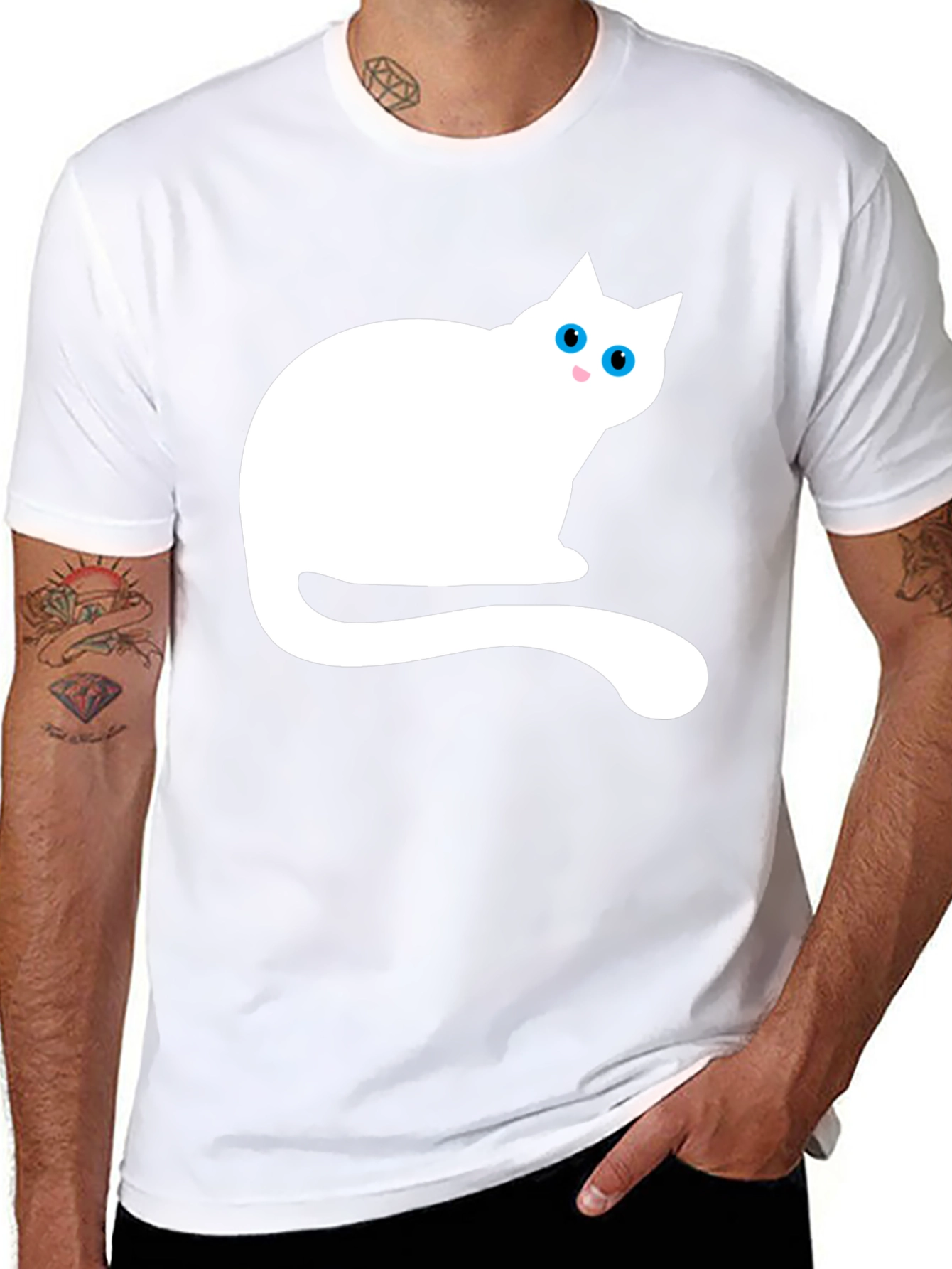 Black T-Shirt with White Cat Graphic