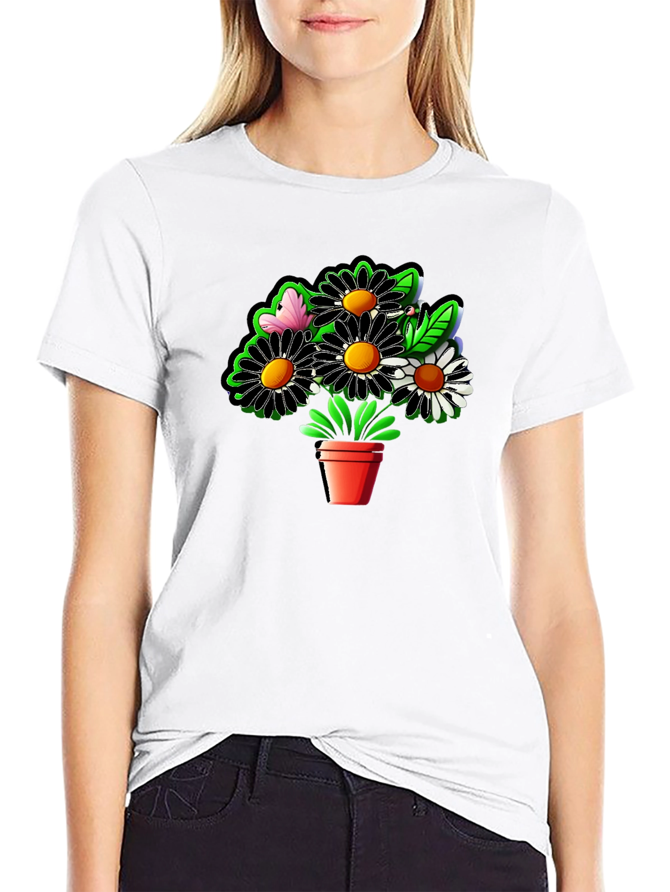 Daisy Flower Pot Graphic Black T-Shirt