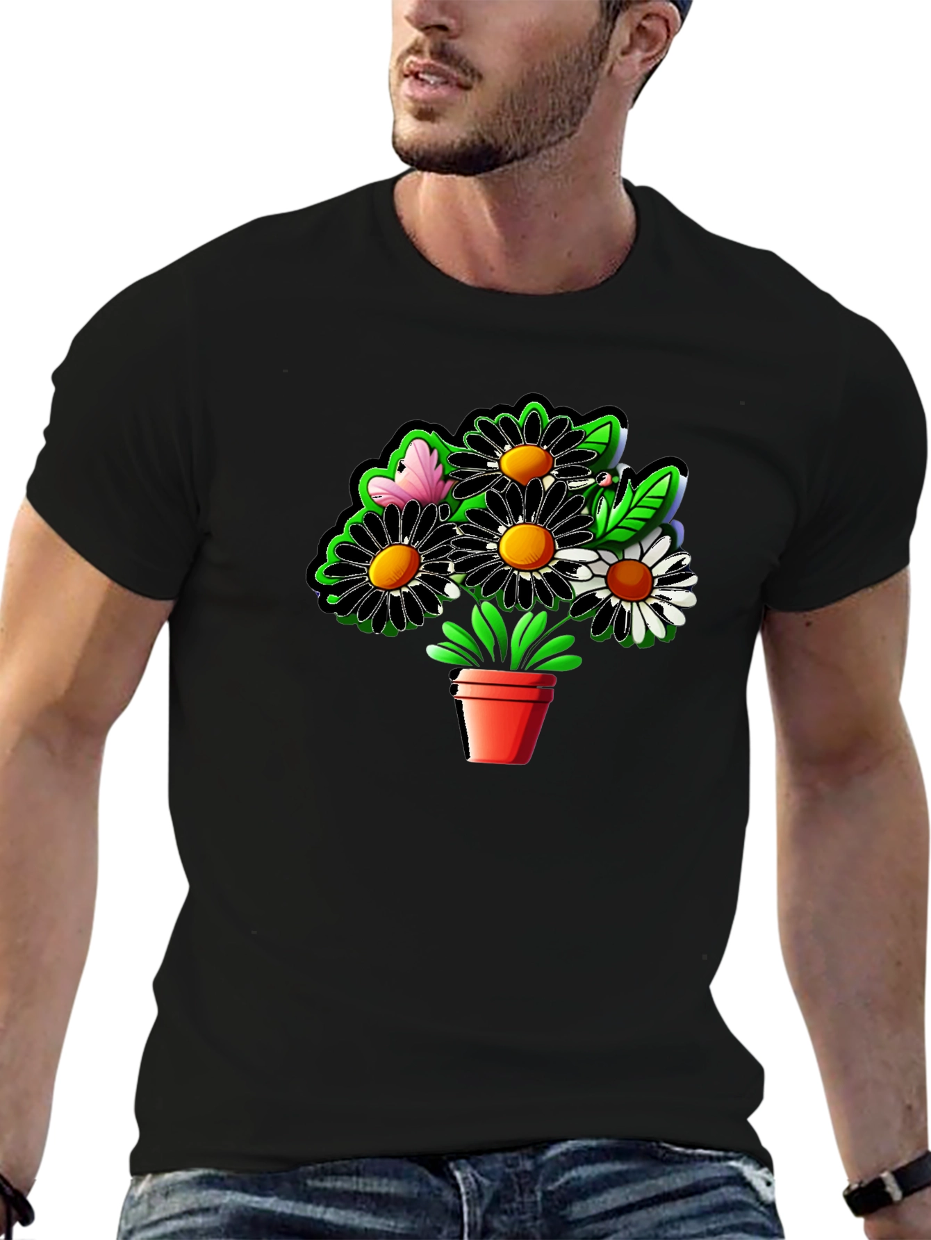 Daisy Flower Pot Graphic Black T-Shirt