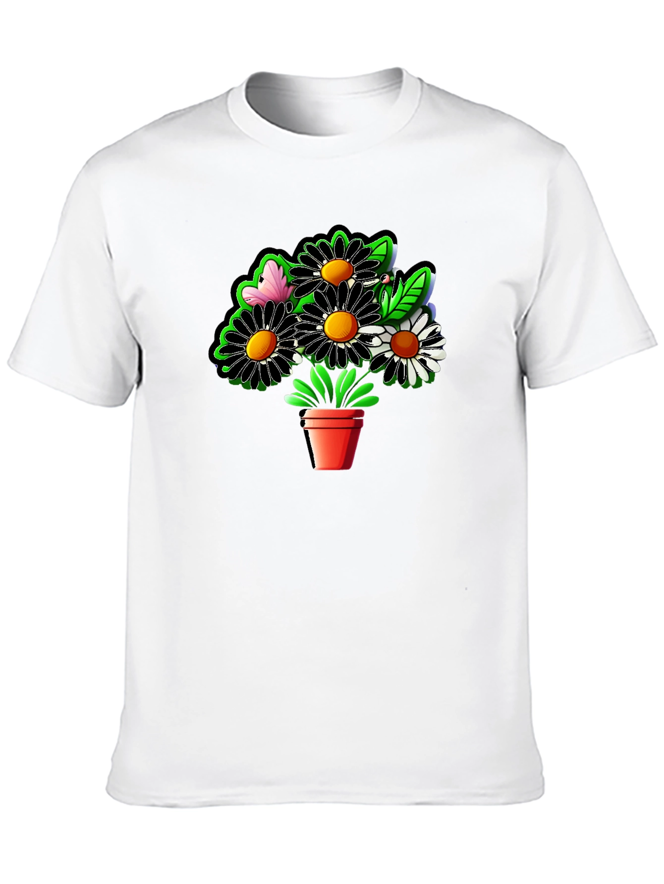 Daisy Flower Pot Graphic Black T-Shirt