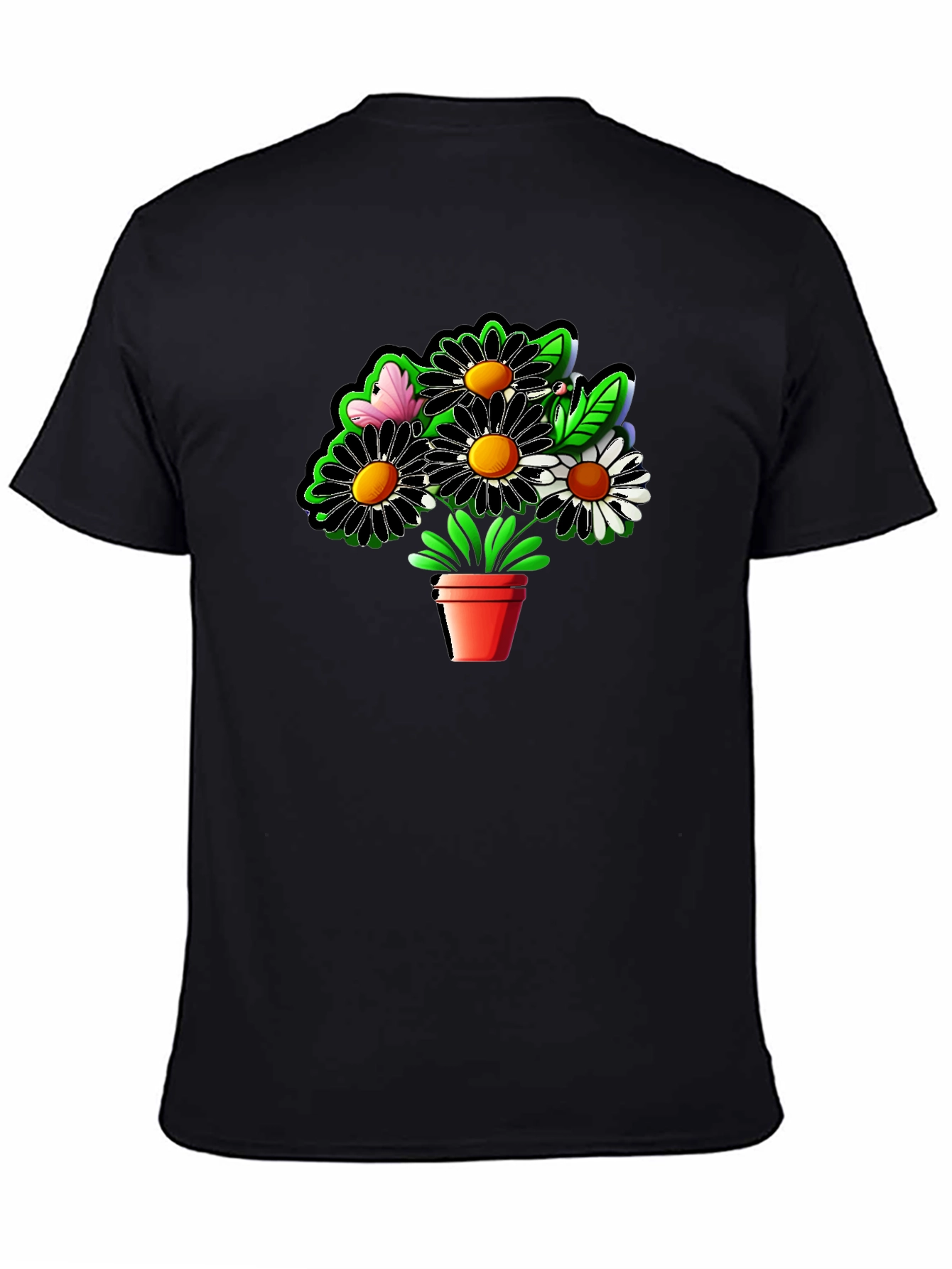 Daisy Flower Pot Graphic Black T-Shirt