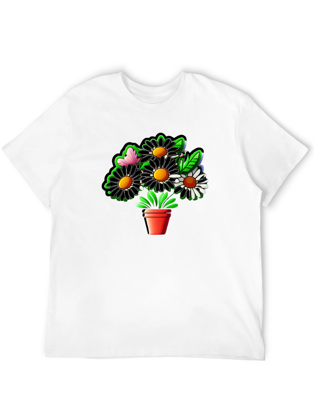 Daisy Flower Pot Graphic Black T-Shirt