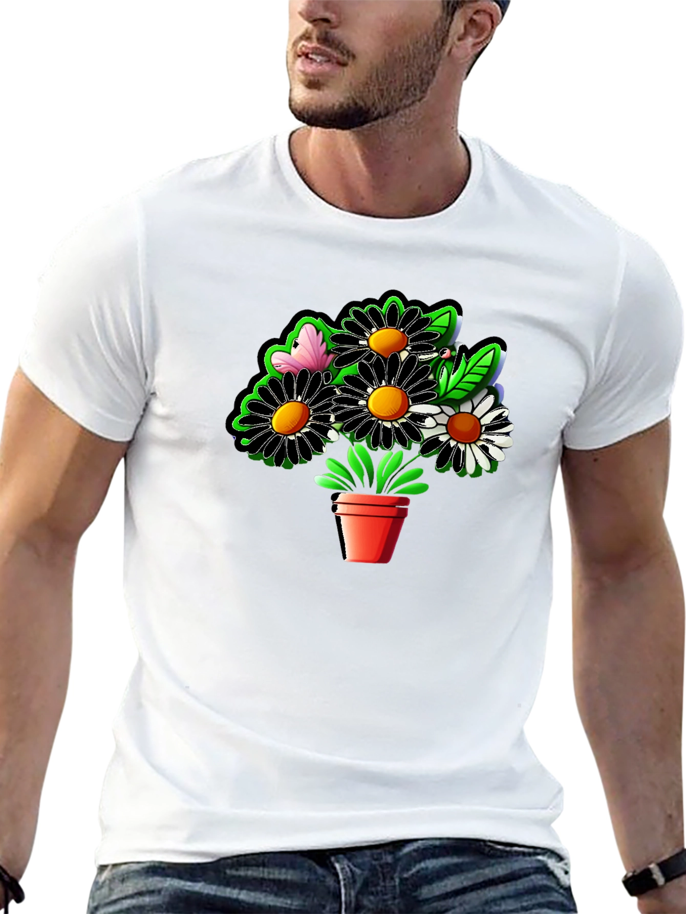 Daisy Flower Pot Graphic Black T-Shirt