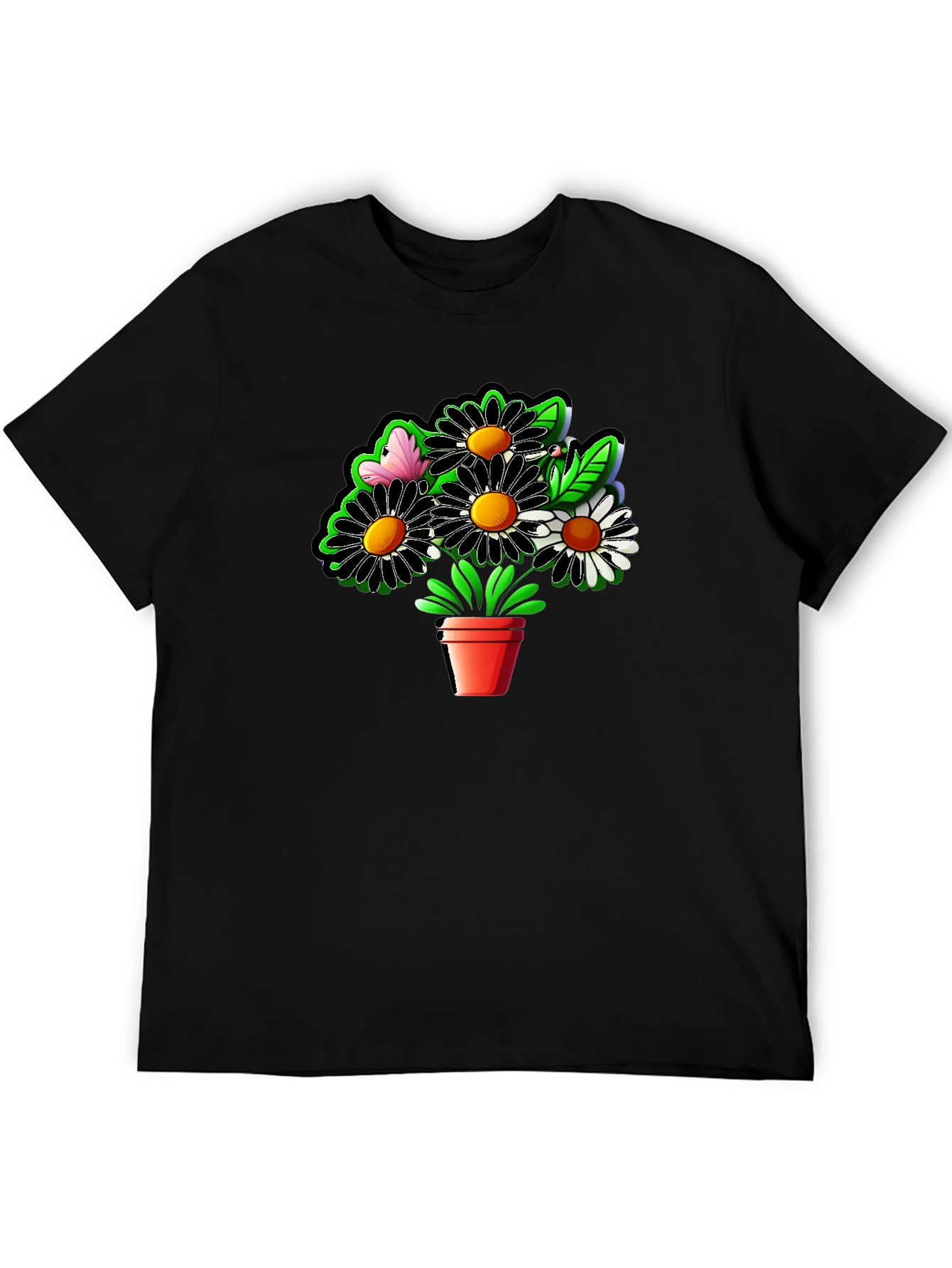 Daisy Flower Pot Graphic Black T-Shirt