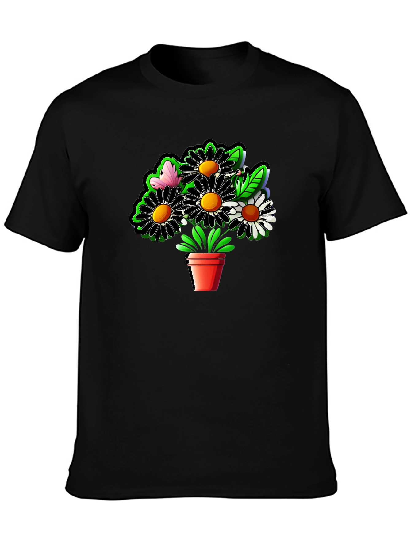 Daisy Flower Pot Graphic Black T-Shirt