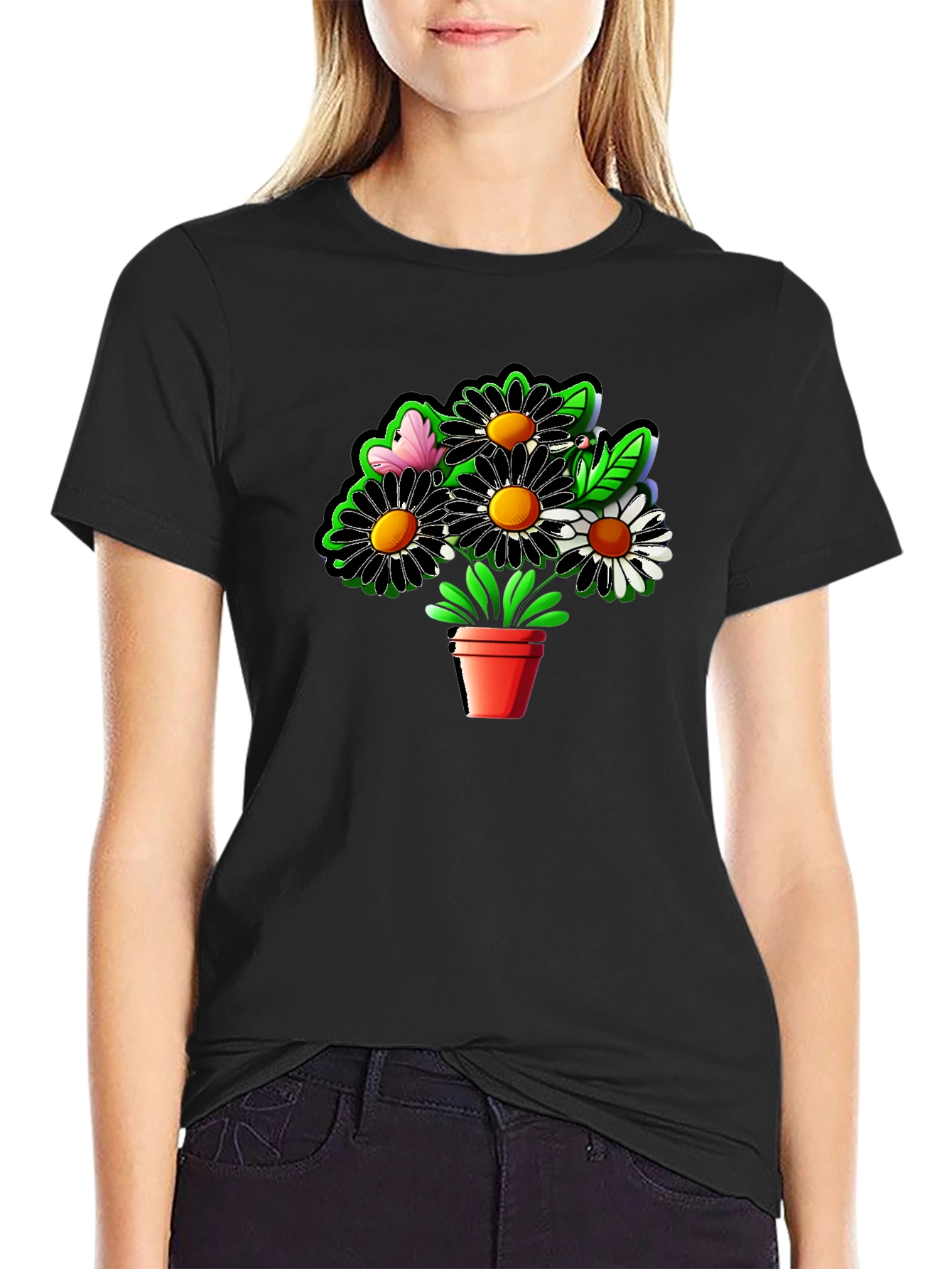Daisy Flower Pot Graphic Black T-Shirt