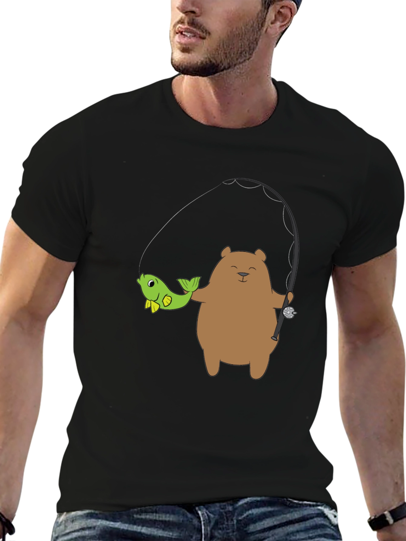 Bear Fishing Graphic T-Shirt - Casual Style