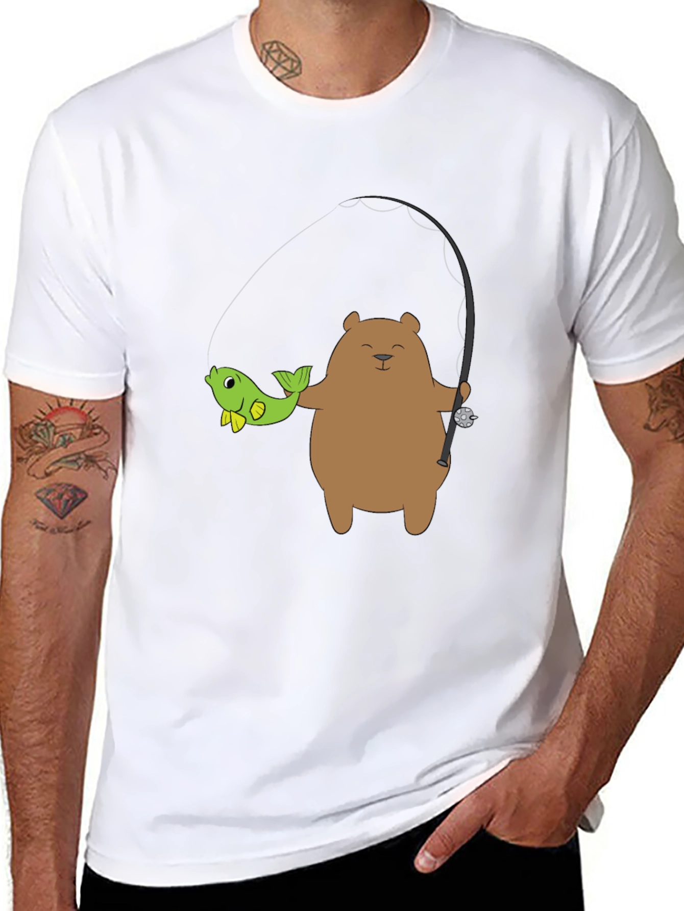 Bear Fishing Graphic T-Shirt - Casual Style