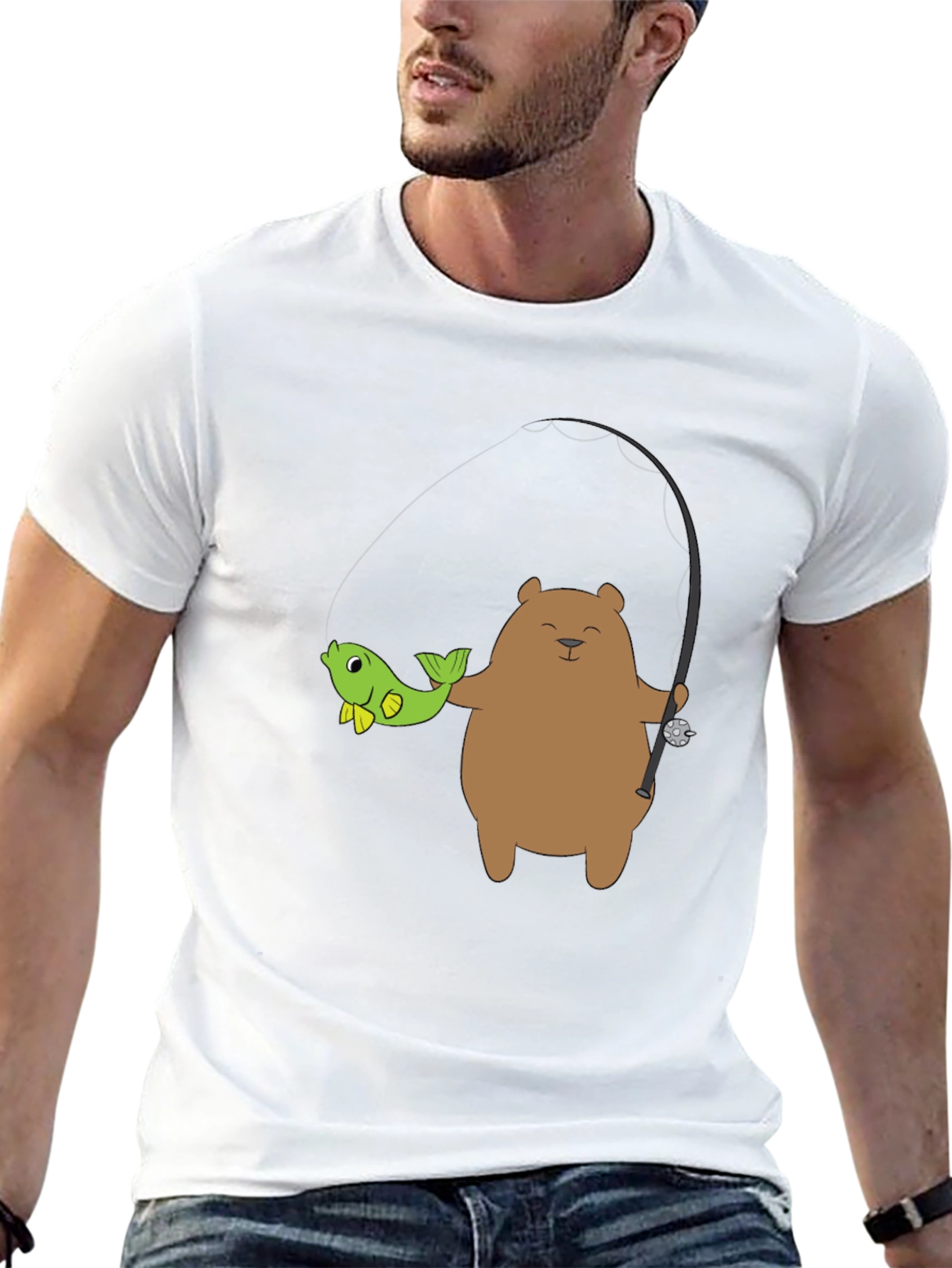 Bear Fishing Graphic T-Shirt - Casual Style
