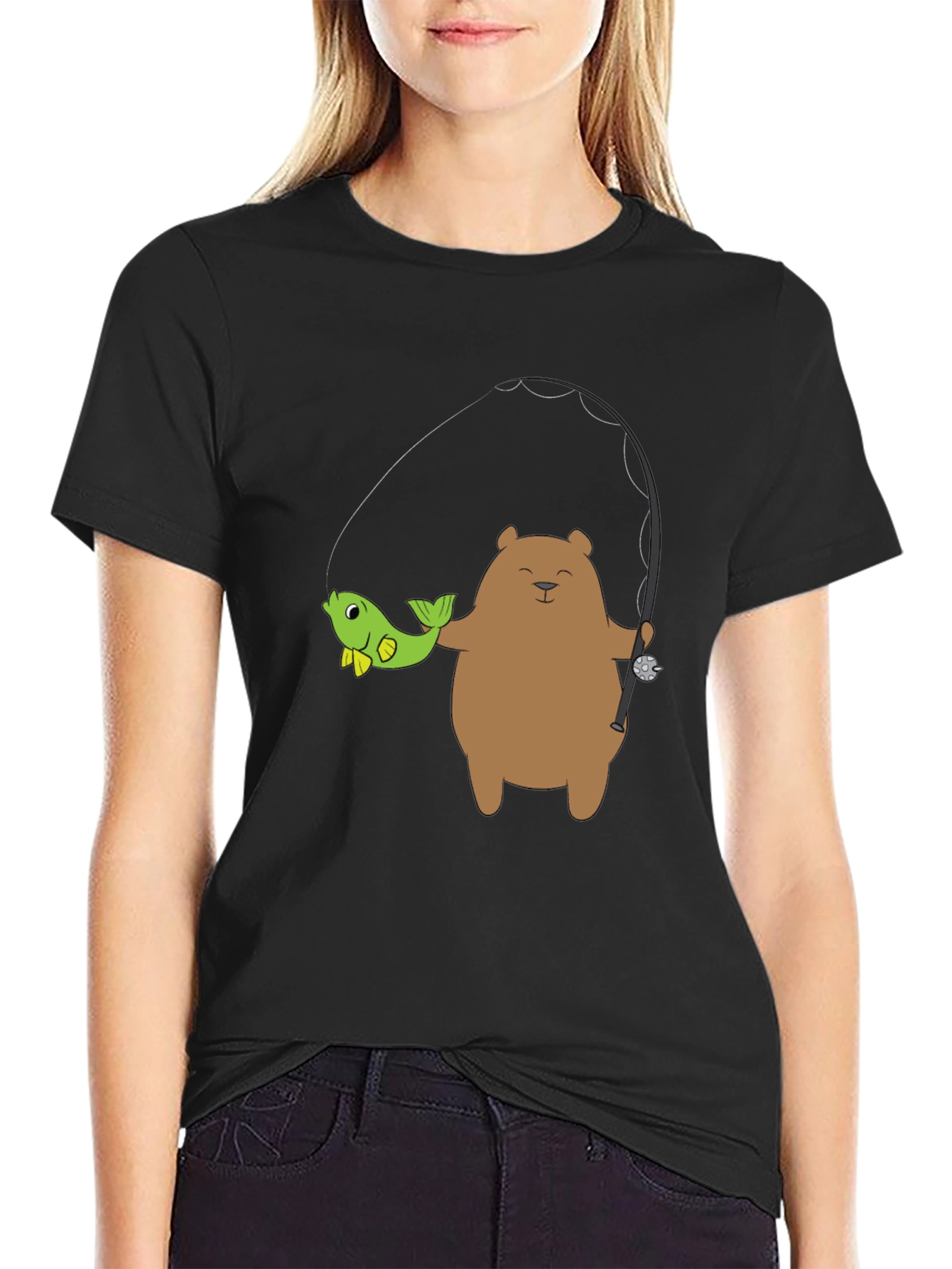 Bear Fishing Graphic T-Shirt - Casual Style