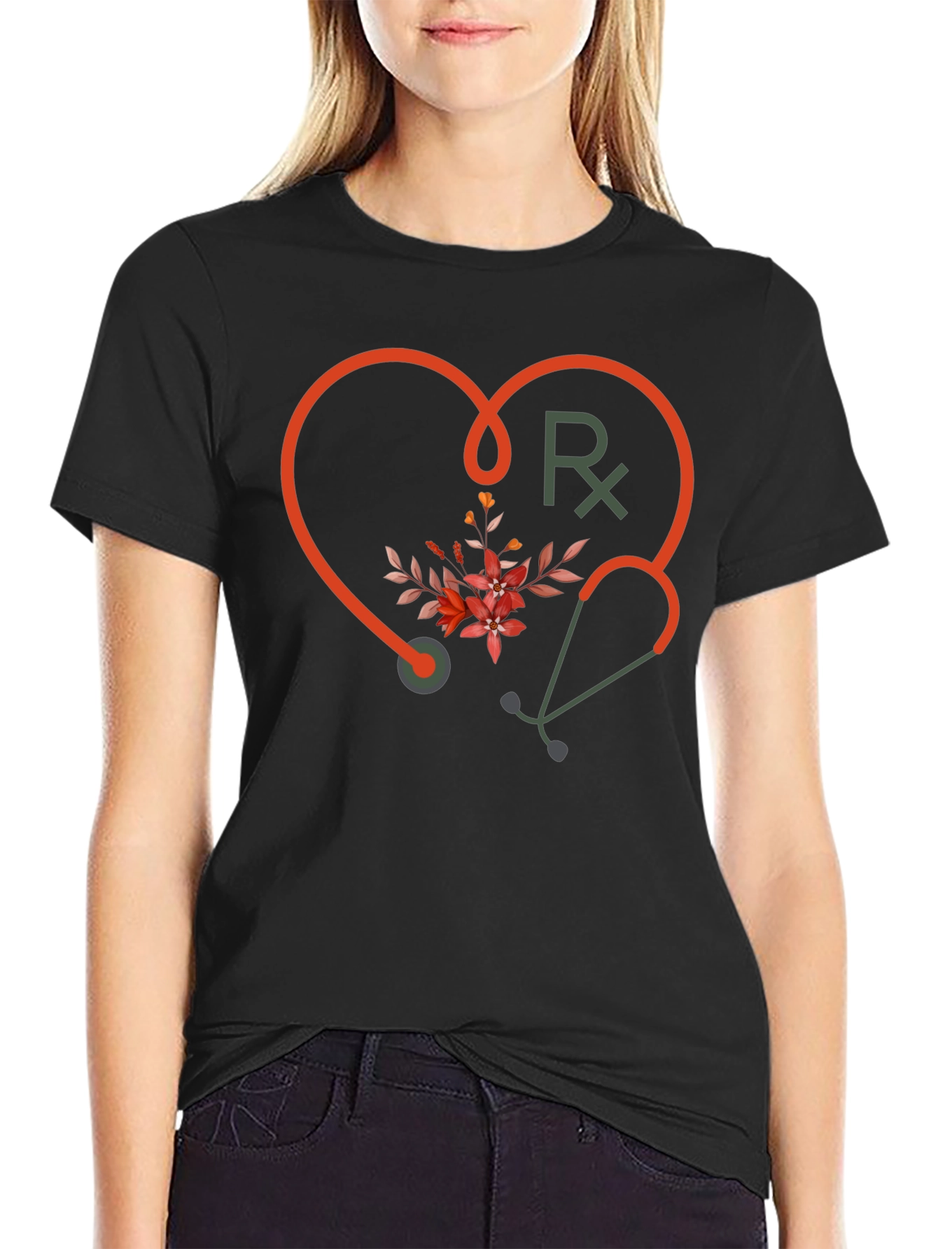 Stethoscope Heart Graphic Tee - Medical Floral Design