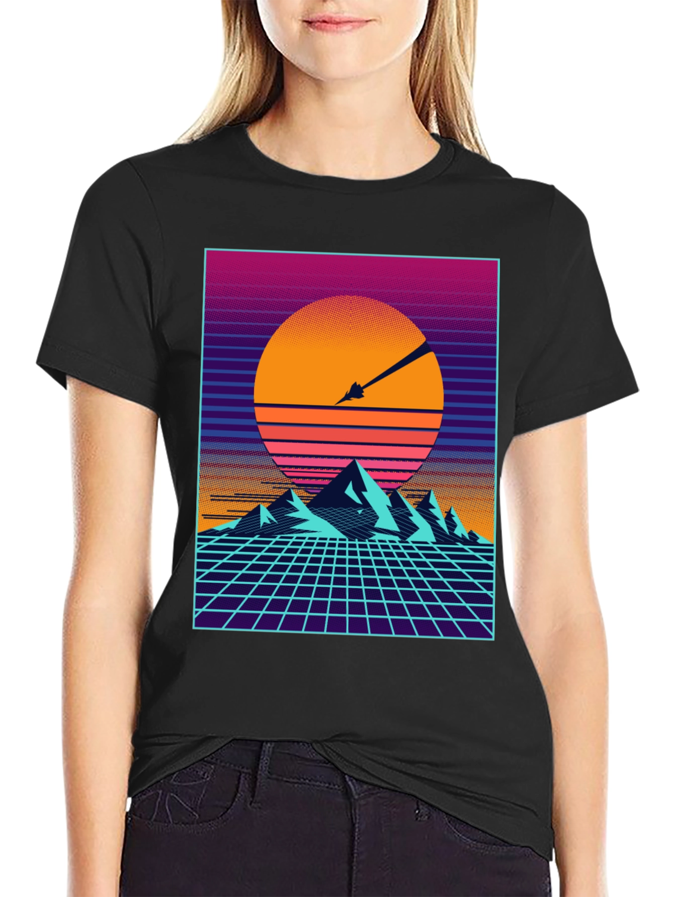 Retro Synthwave T-Shirt - Sunset Mountains