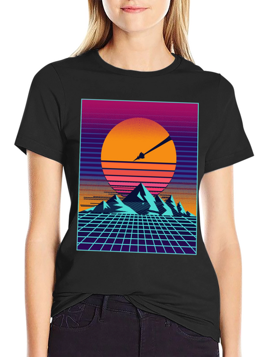 Retro Synthwave T-Shirt - Sunset Mountains