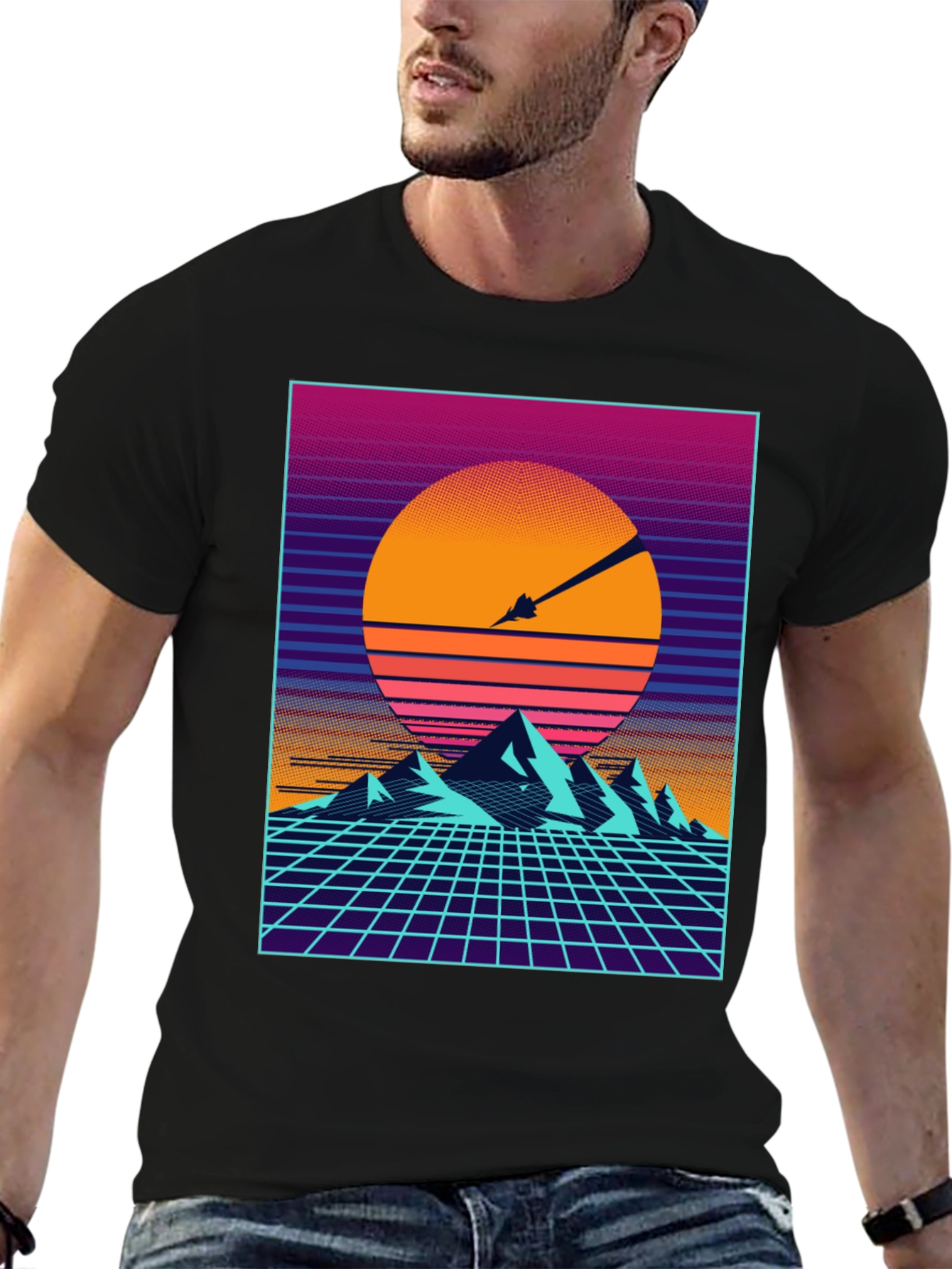 Retro Synthwave T-Shirt - Sunset Mountains