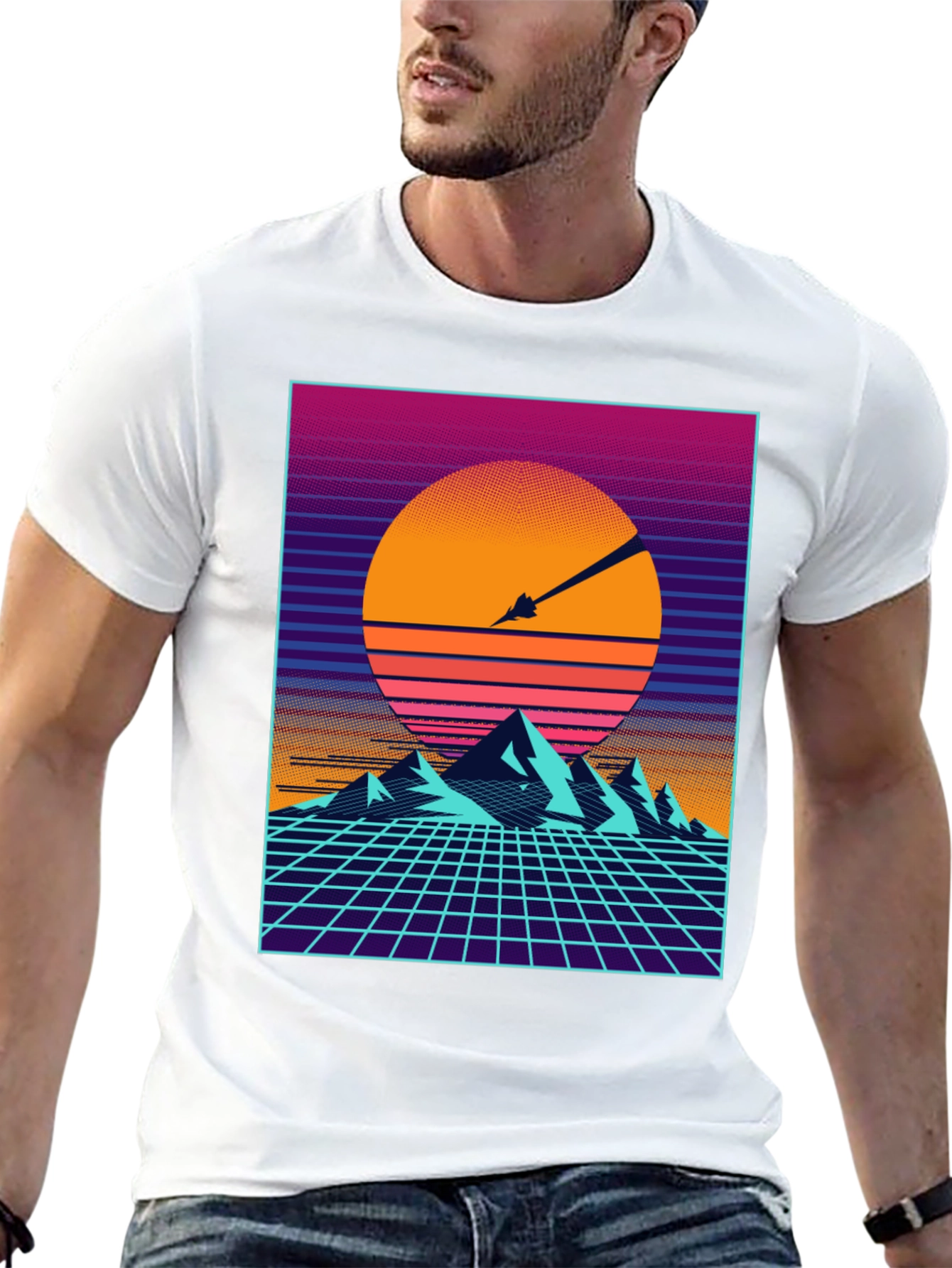 Retro Synthwave T-Shirt - Sunset Mountains
