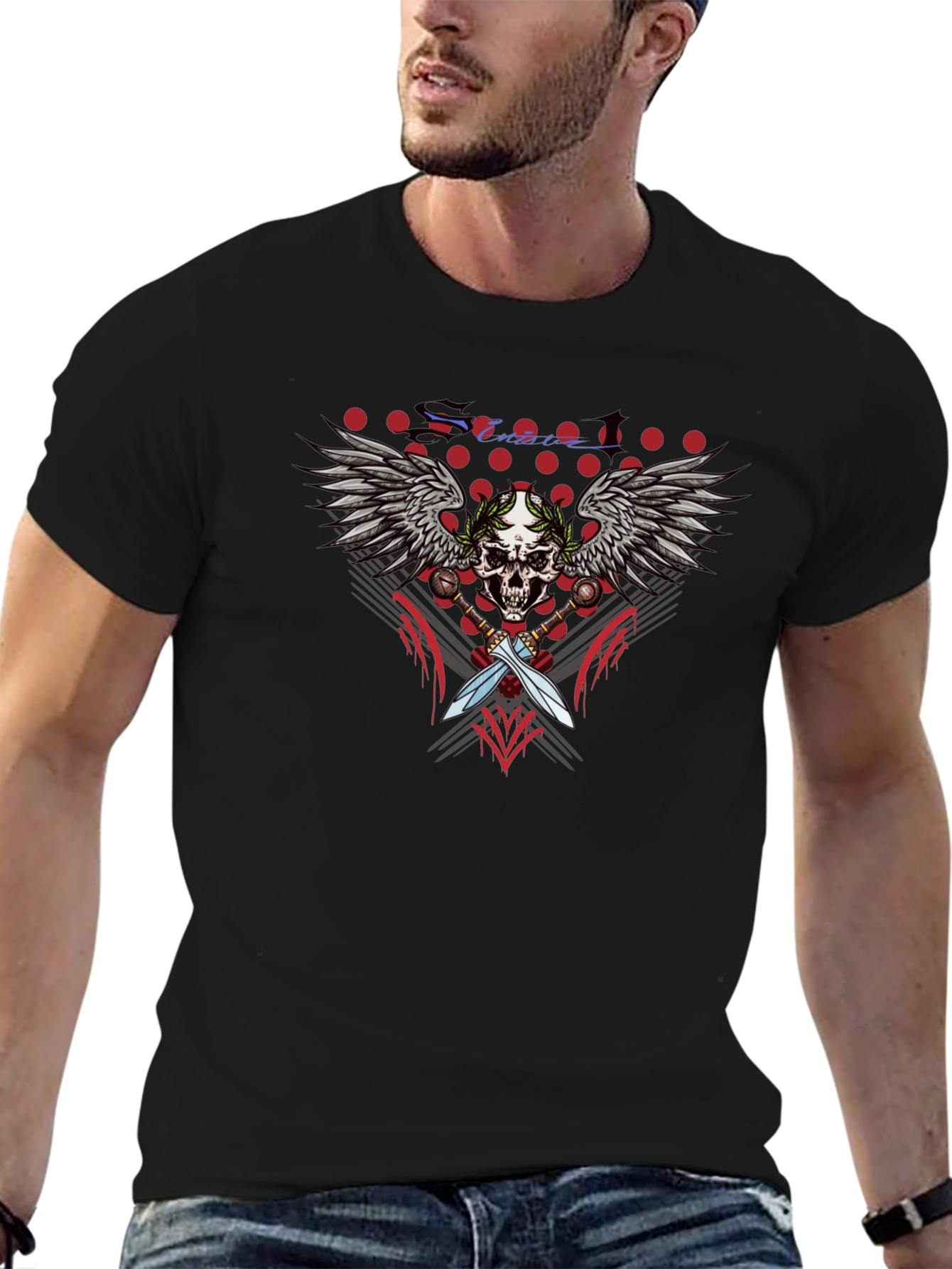 Skull Wings Swords Black Graphic T-Shirt