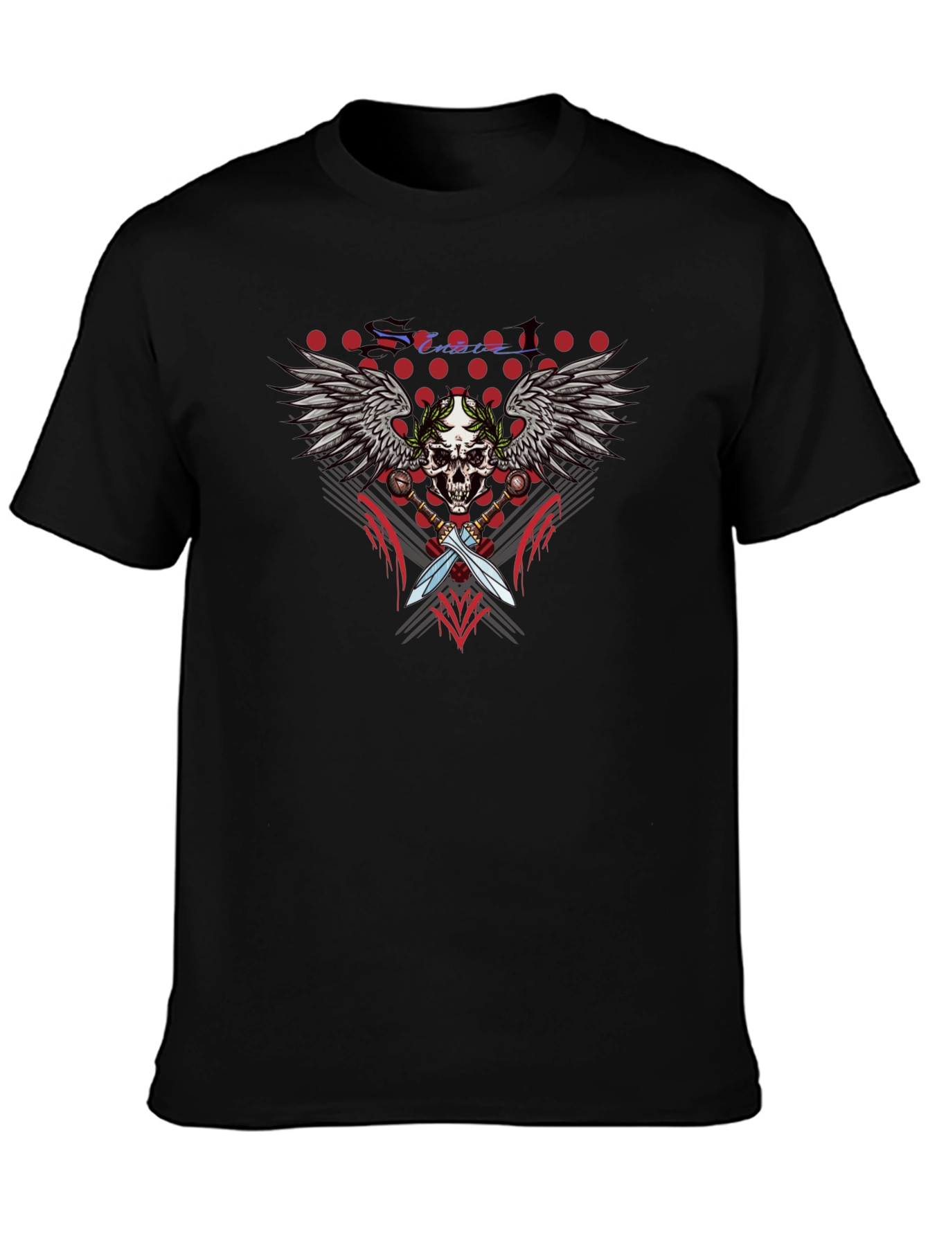 Skull Wings Swords Black Graphic T-Shirt