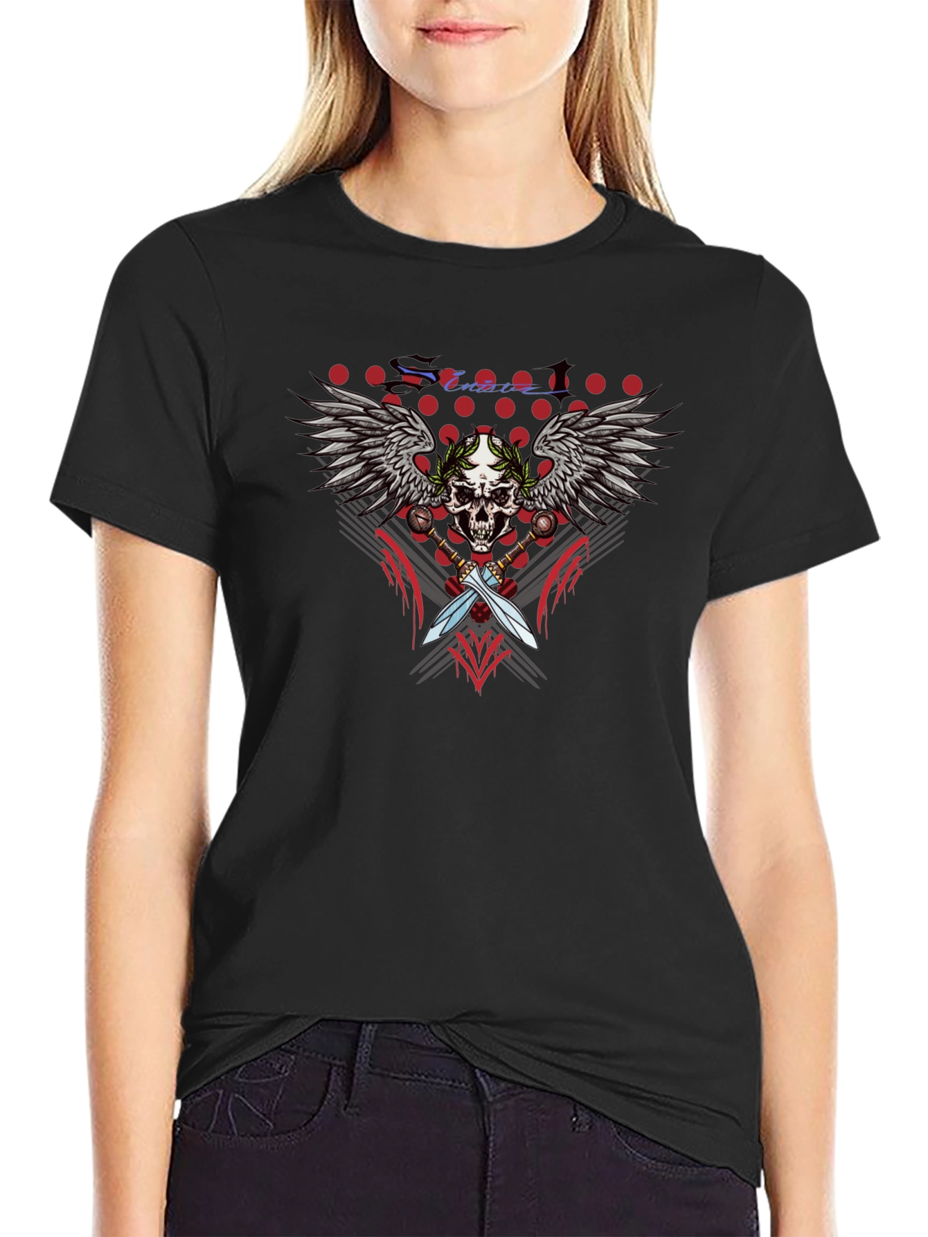 Skull Wings Swords Black Graphic T-Shirt