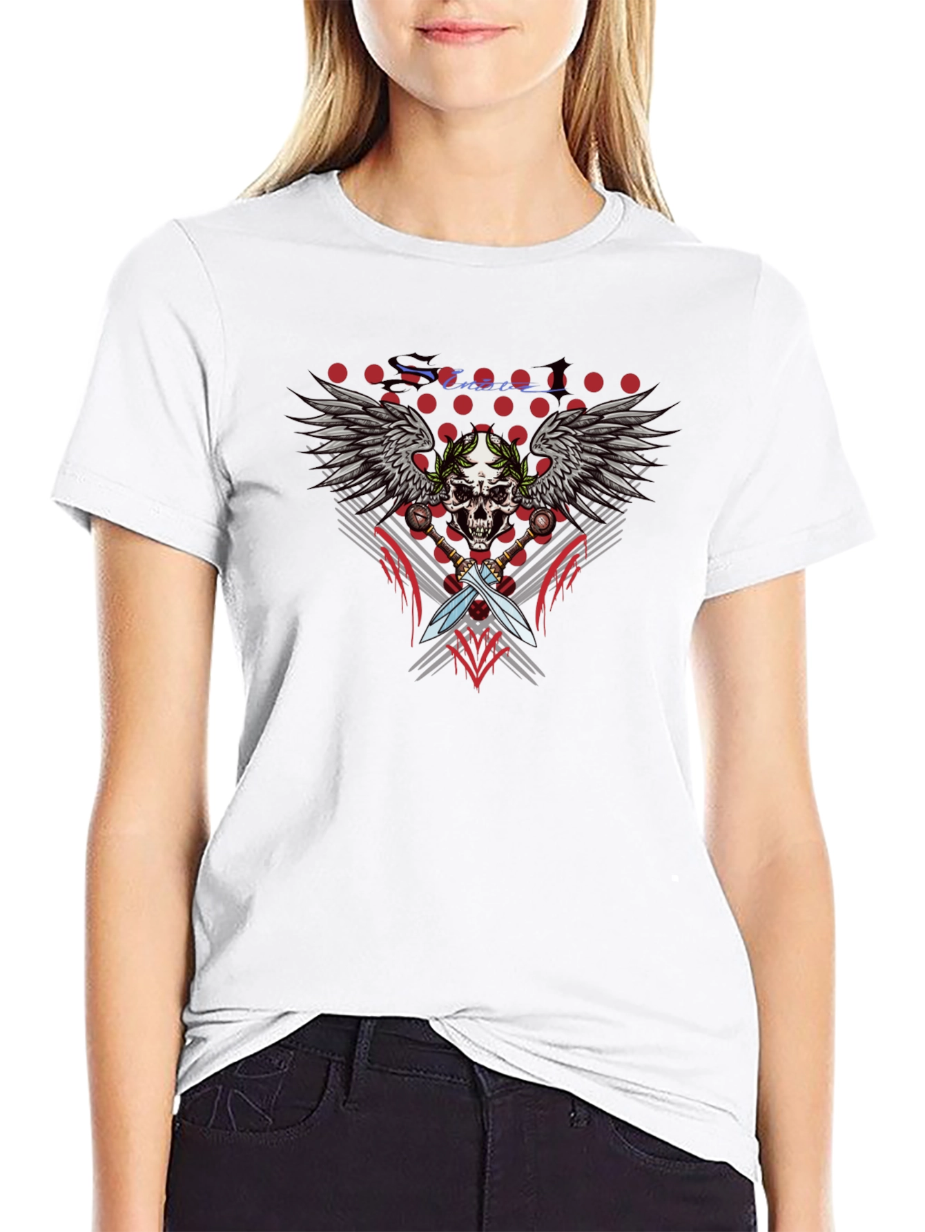 Skull Wings Swords Black Graphic T-Shirt
