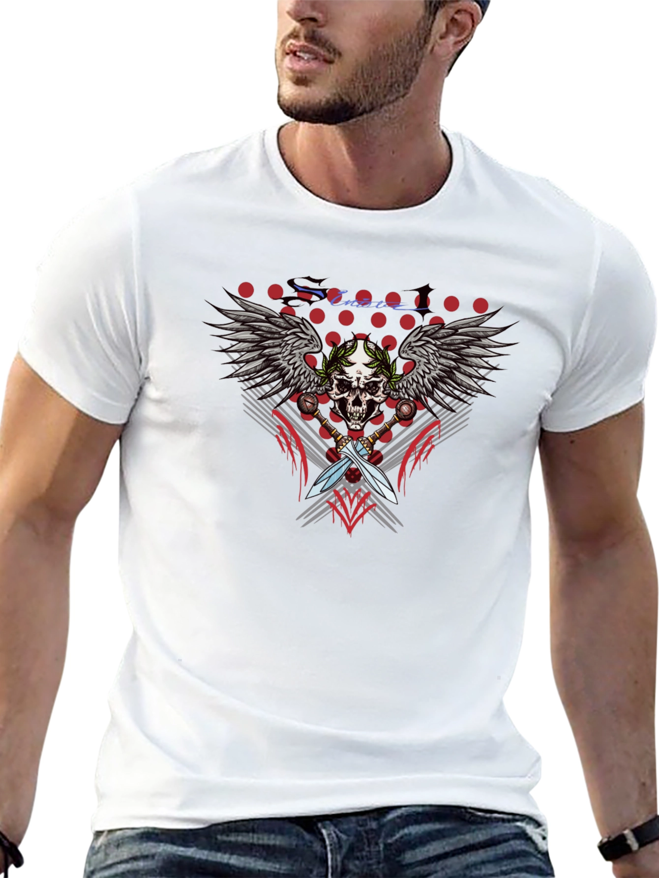 Skull Wings Swords Black Graphic T-Shirt