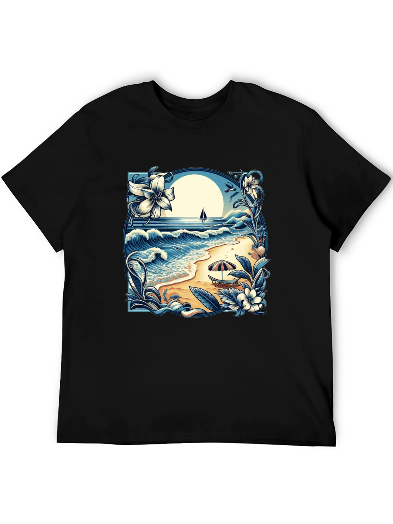 Beach Scene Graphic Tee - Black Cotton T-Shirt