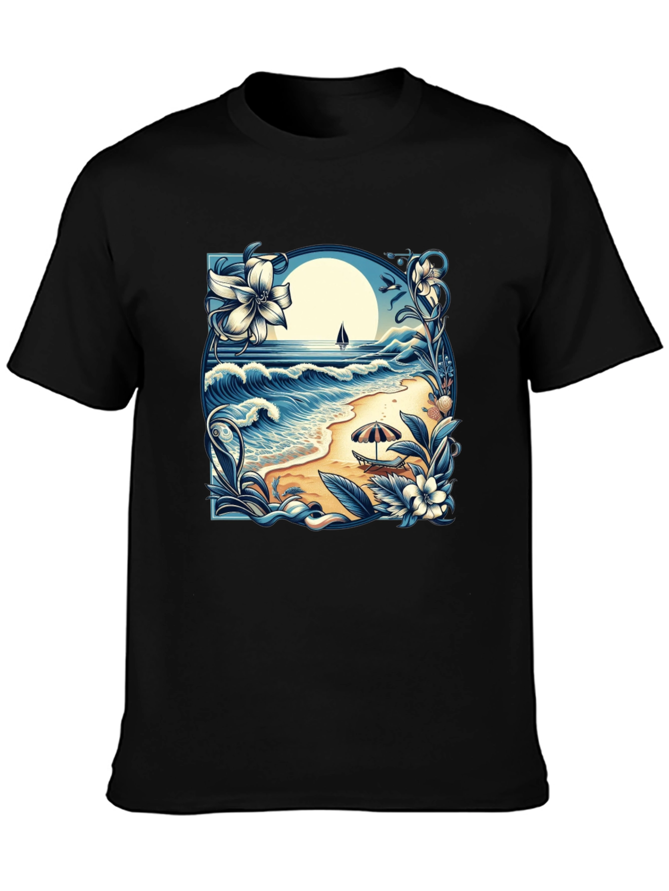 Beach Scene Graphic Tee - Black Cotton T-Shirt