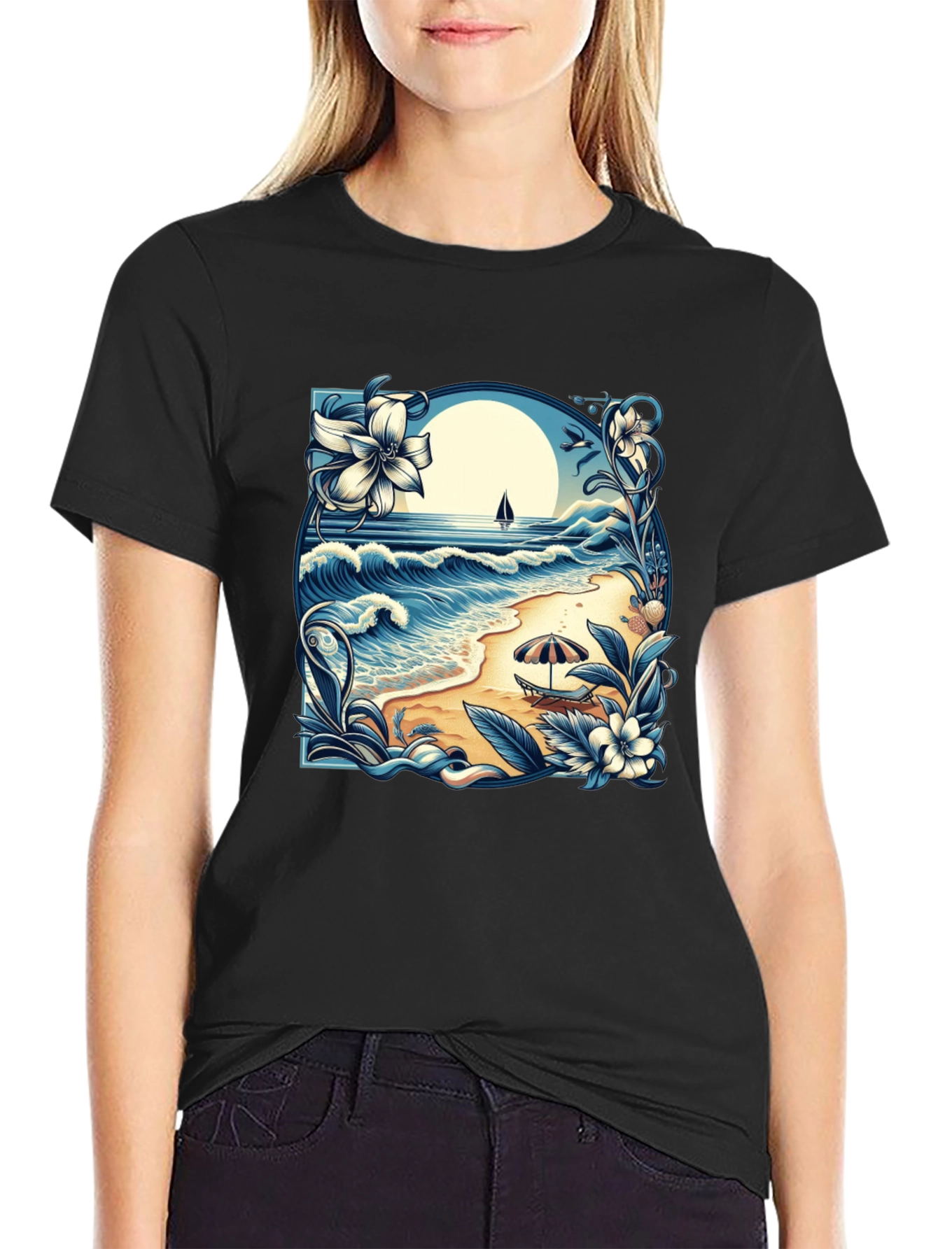 Beach Scene Graphic Tee - Black Cotton T-Shirt