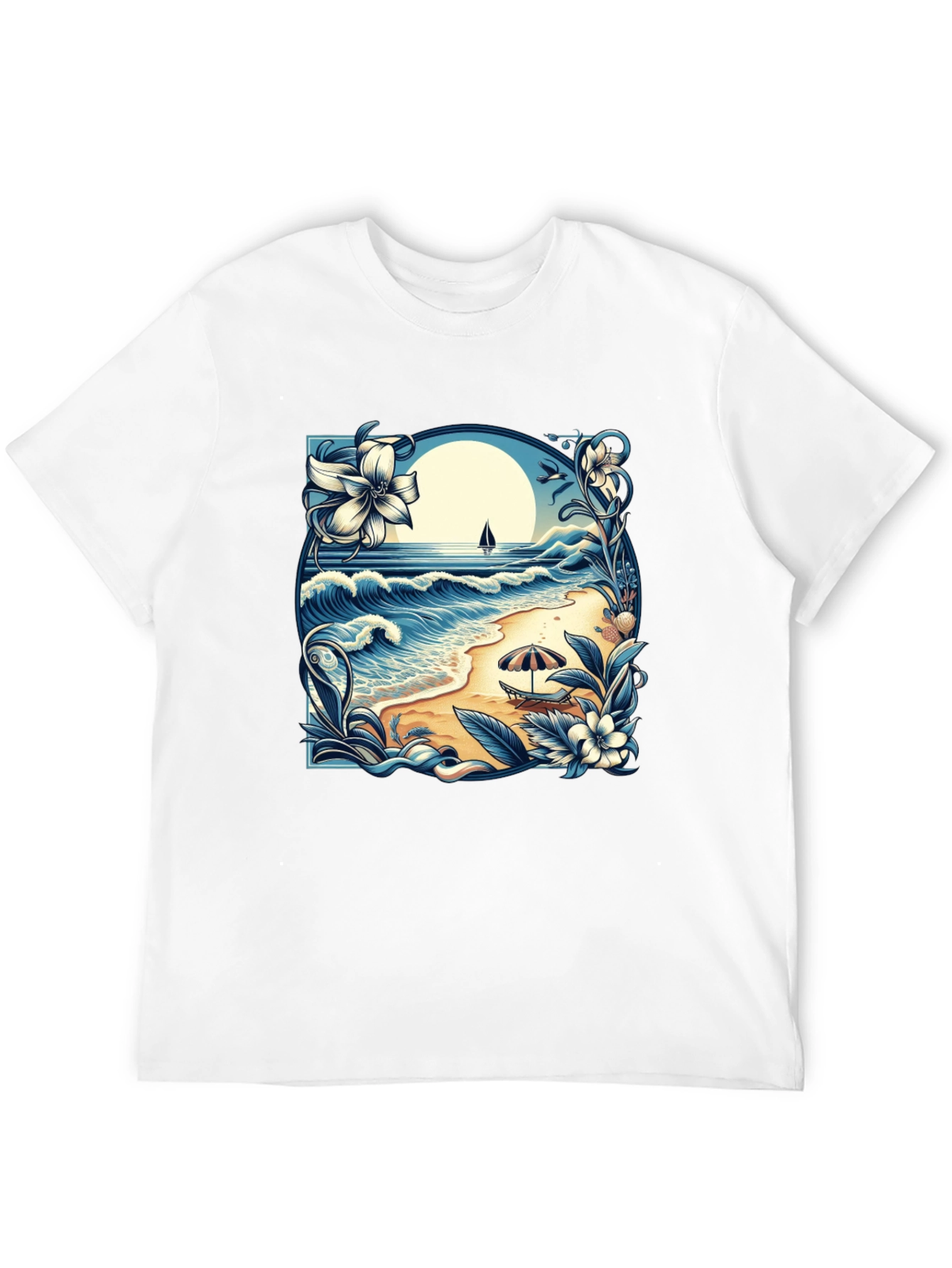 Beach Scene Graphic Tee - Black Cotton T-Shirt