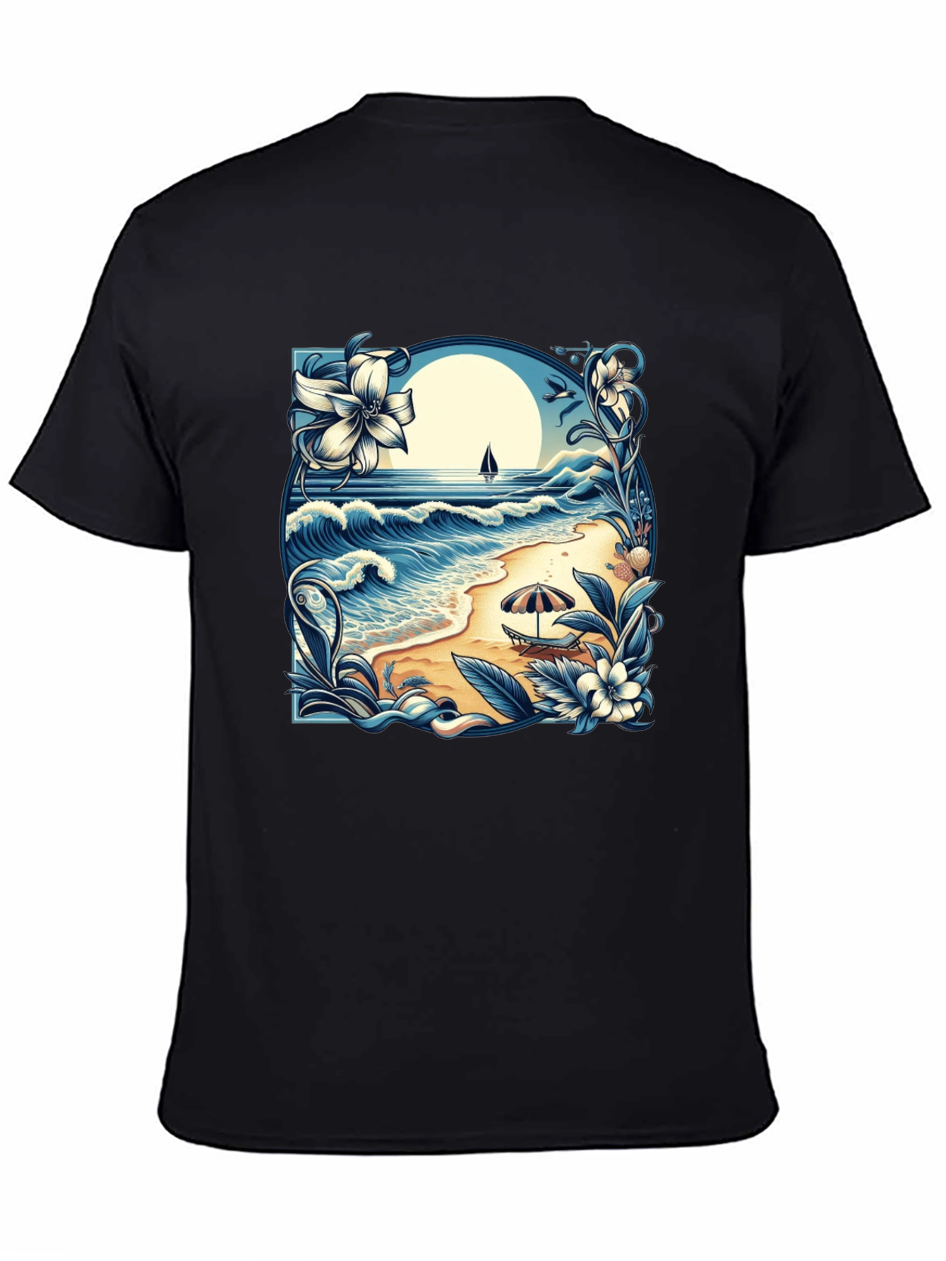 Beach Scene Graphic Tee - Black Cotton T-Shirt