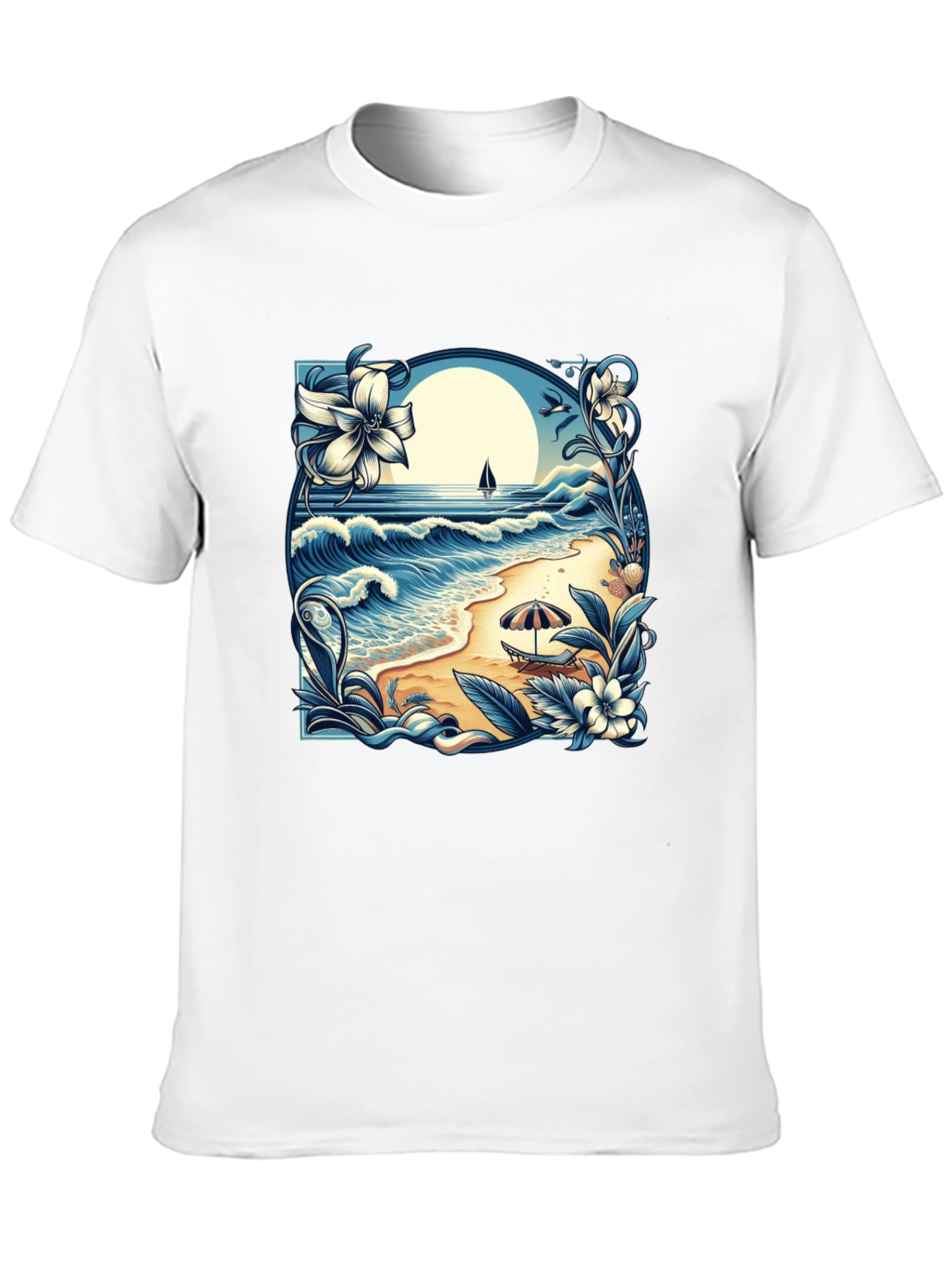 Beach Scene Graphic Tee - Black Cotton T-Shirt