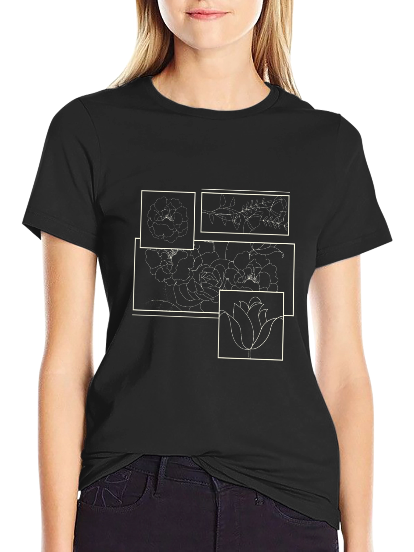 Floral Line Art Graphic Print Black T-Shirt