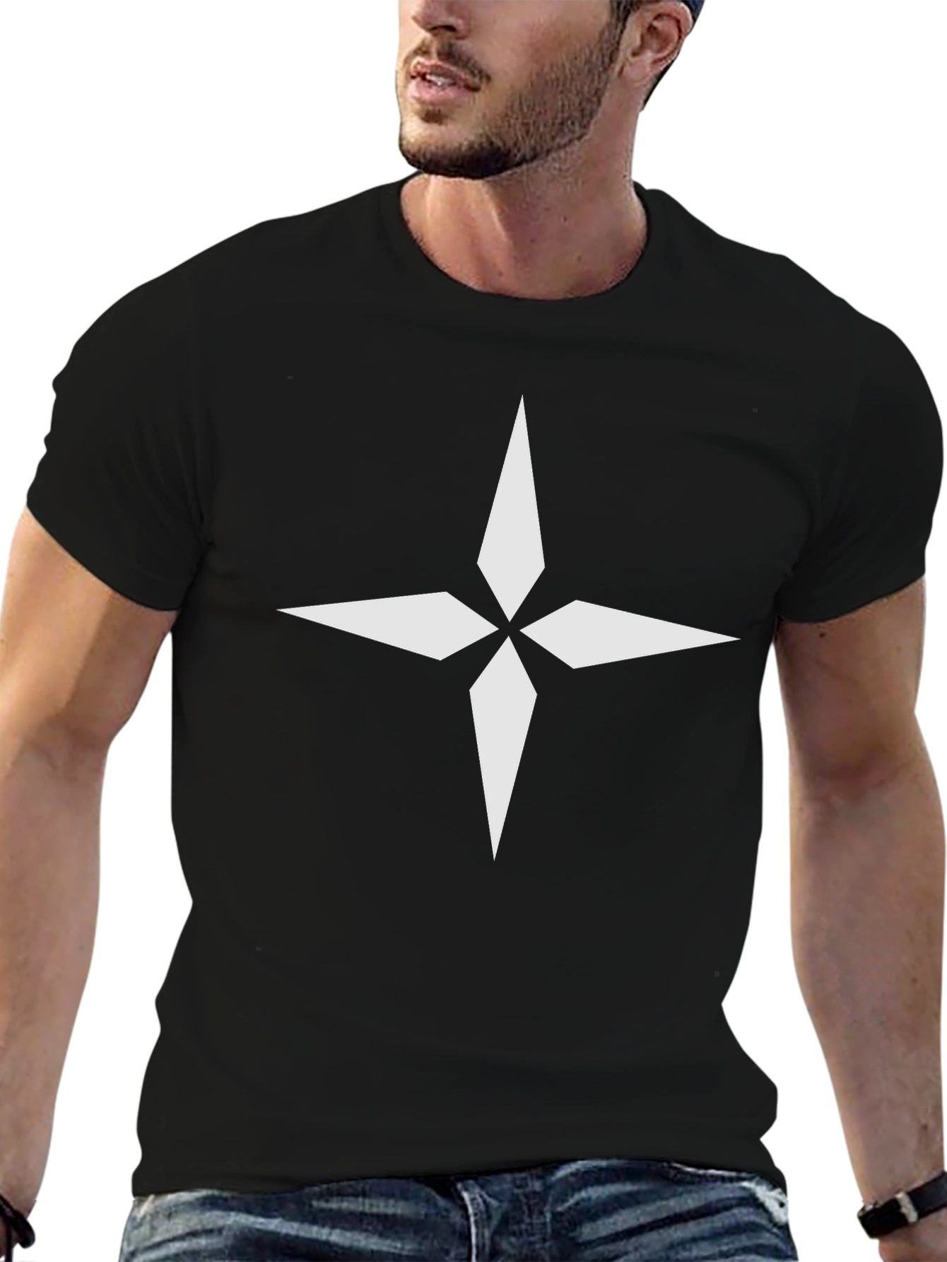 Modern Black T-Shirt with White Compass Graphic