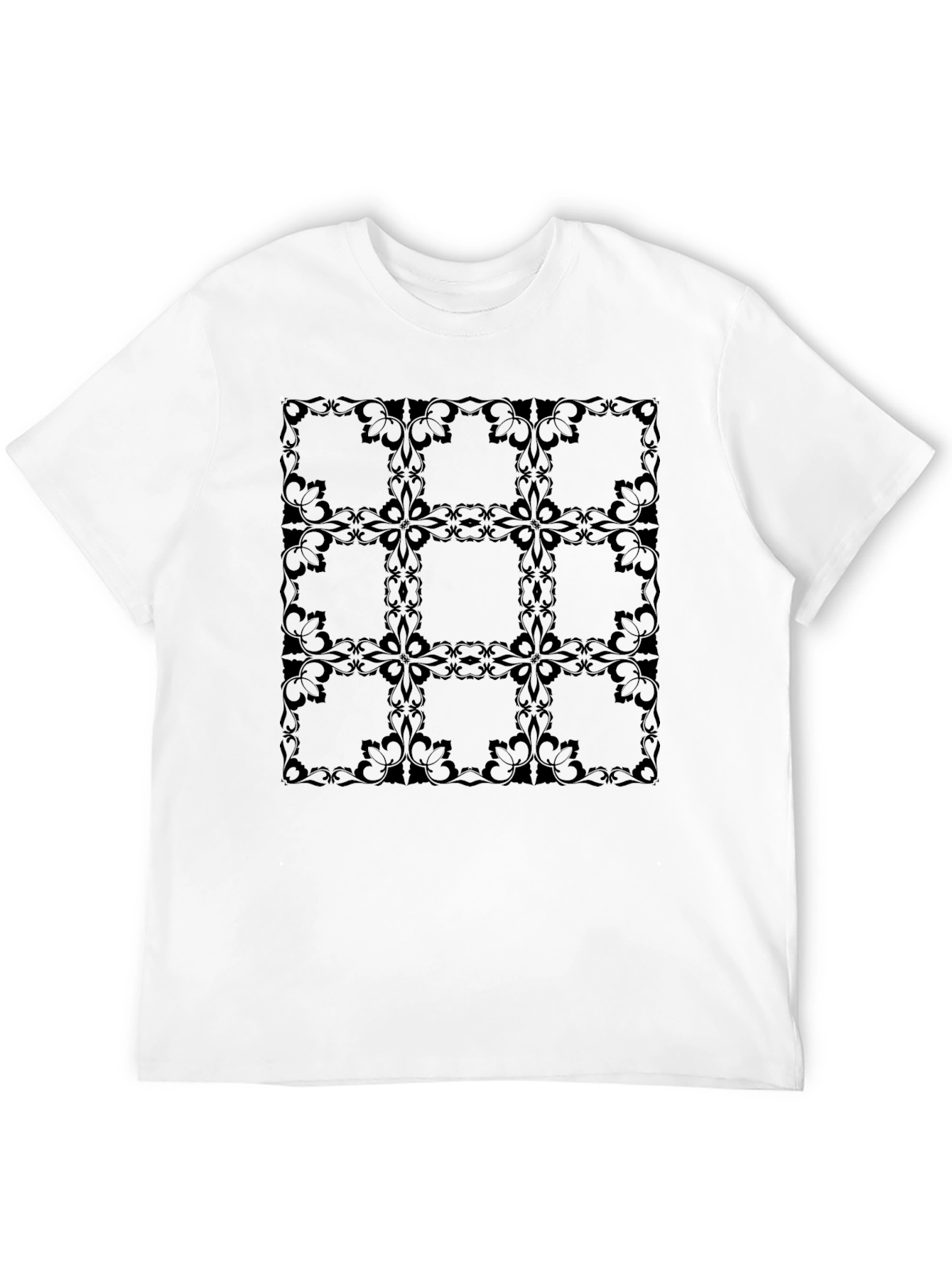 Elegant Floral Grid Black T-Shirt