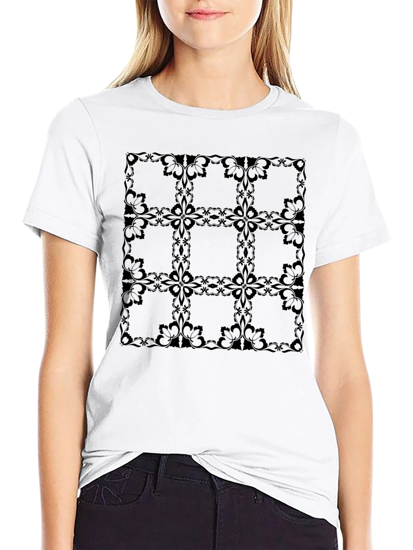 Elegant Floral Grid Black T-Shirt