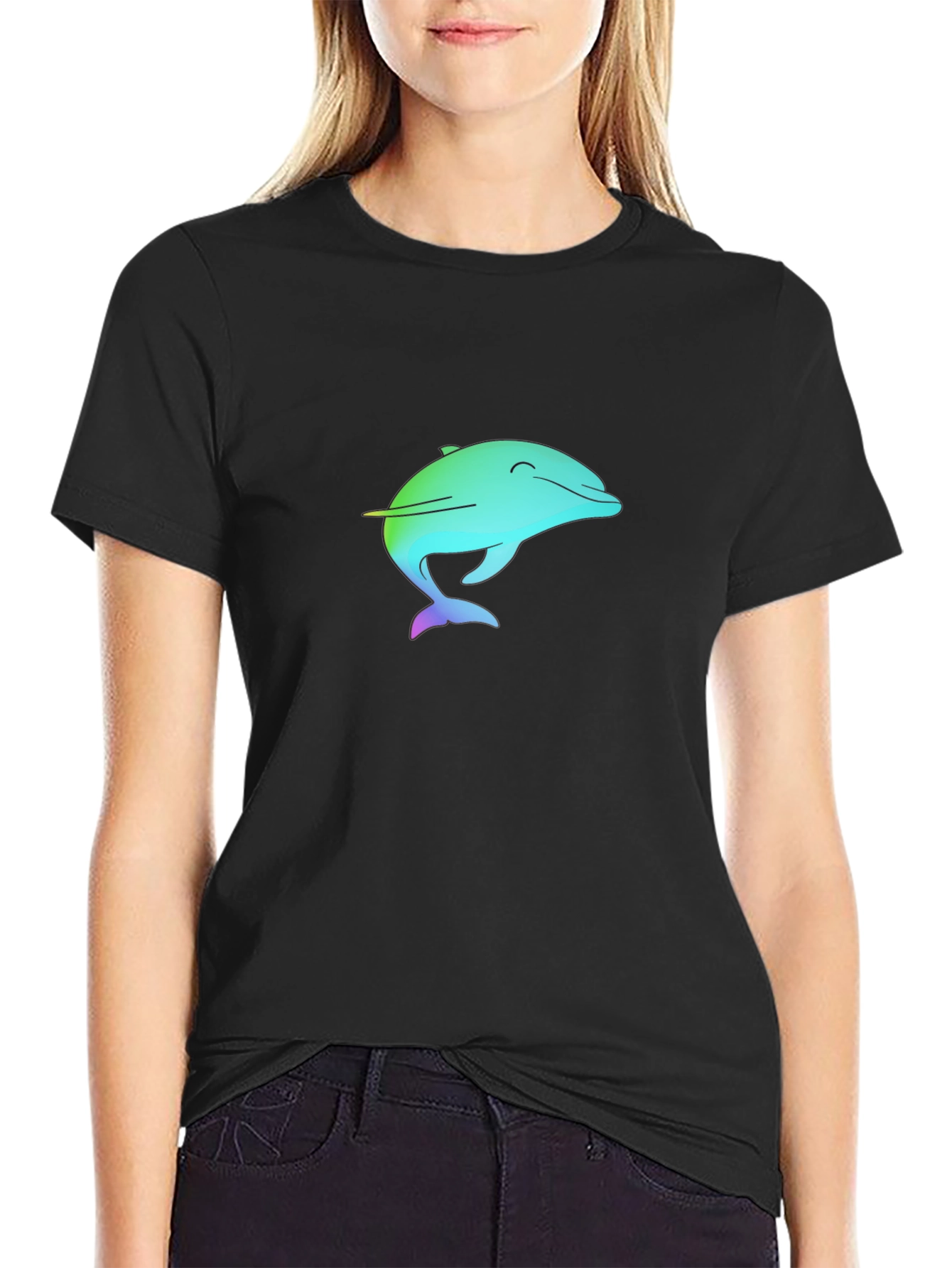 Rainbow Dolphin Graphic Black Tee