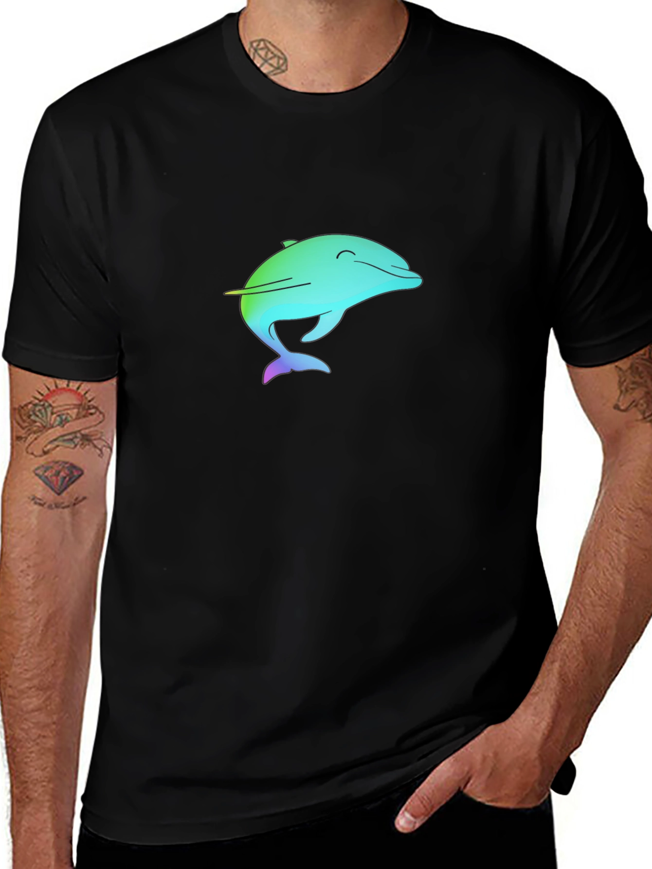 Rainbow Dolphin Graphic Black Tee