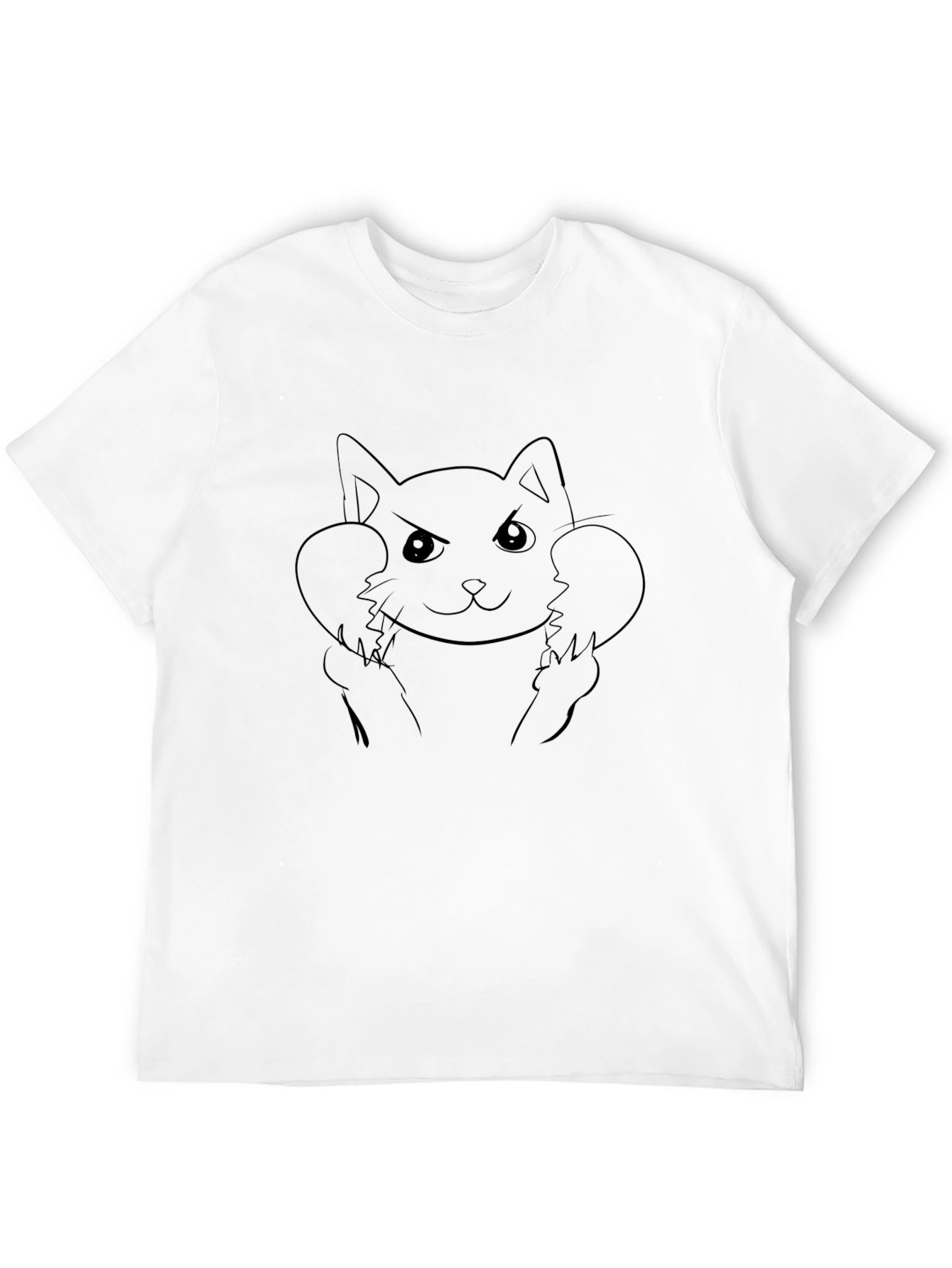Angry Cat Line Art Black T-Shirt