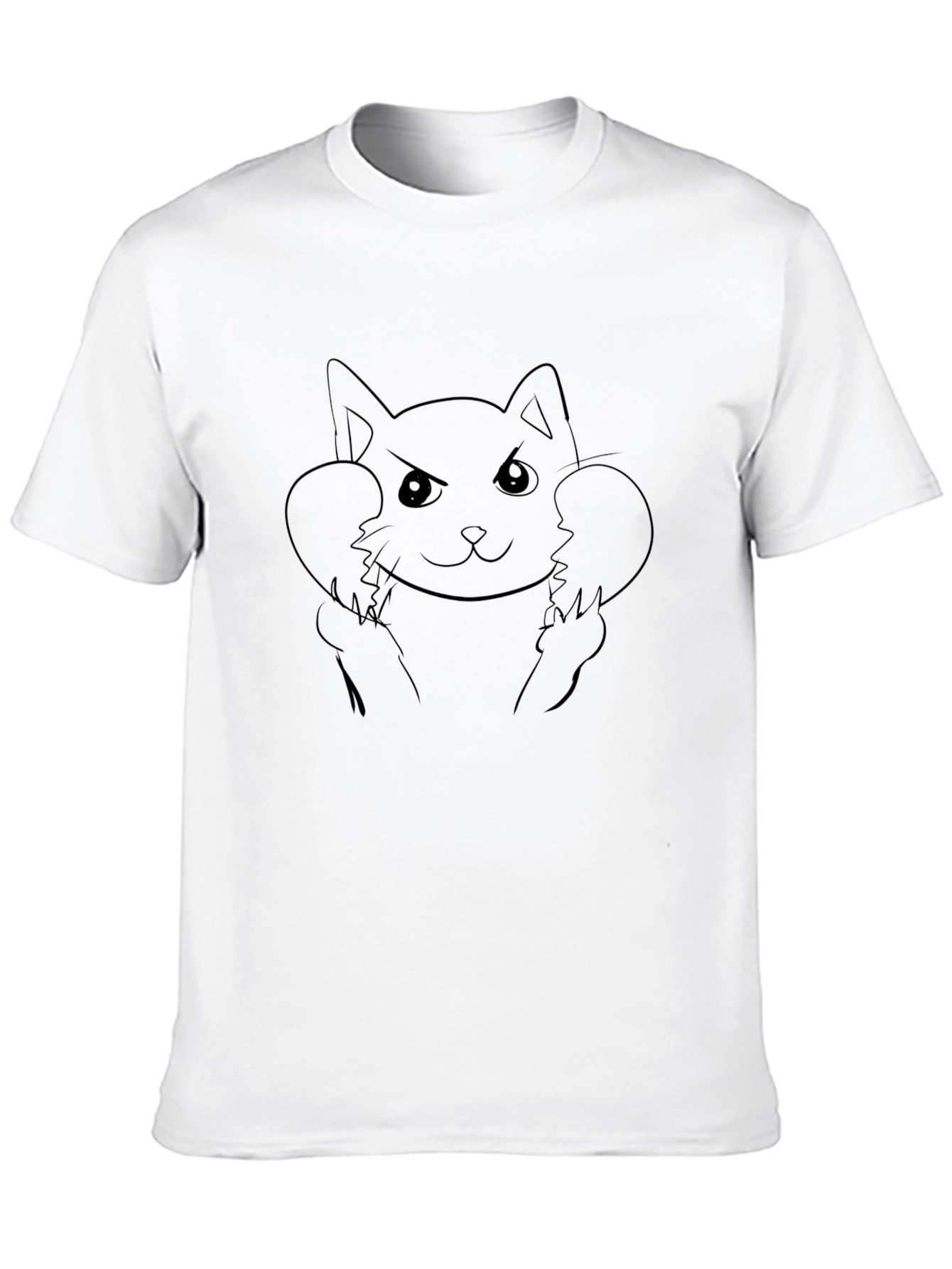 Angry Cat Line Art Black T-Shirt