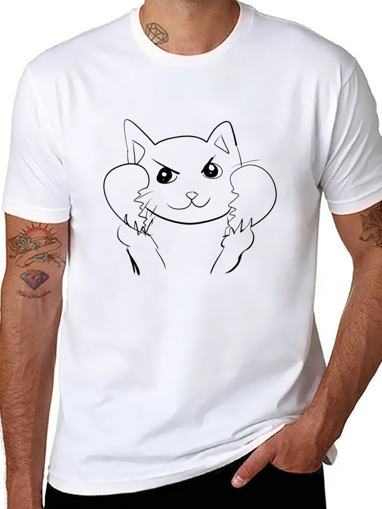 Angry Cat Line Art Black T-Shirt